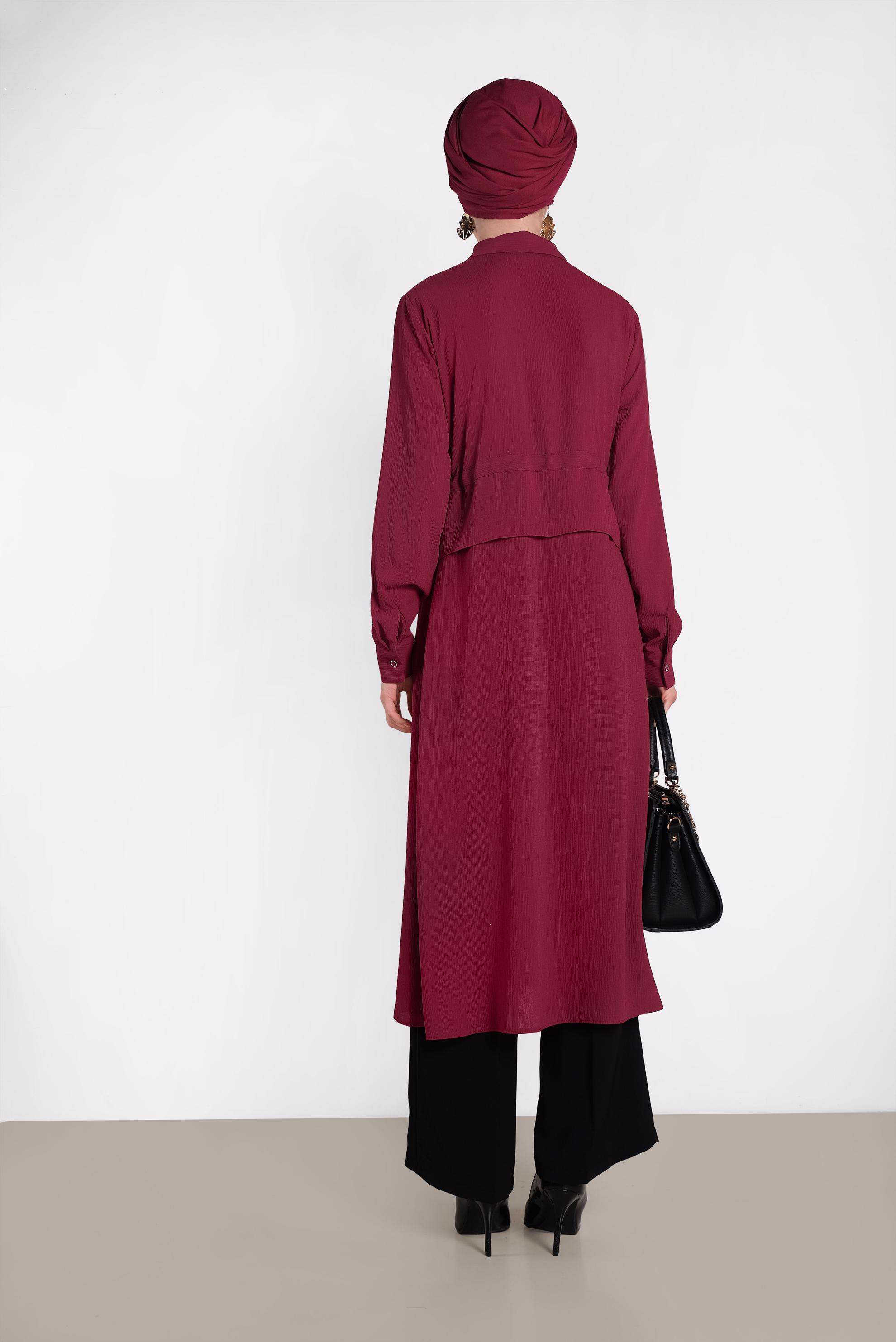 Tesettür giyim BORDO BEL KISMI LASTİKLİ BAĞCIKLI TUNİK 4424