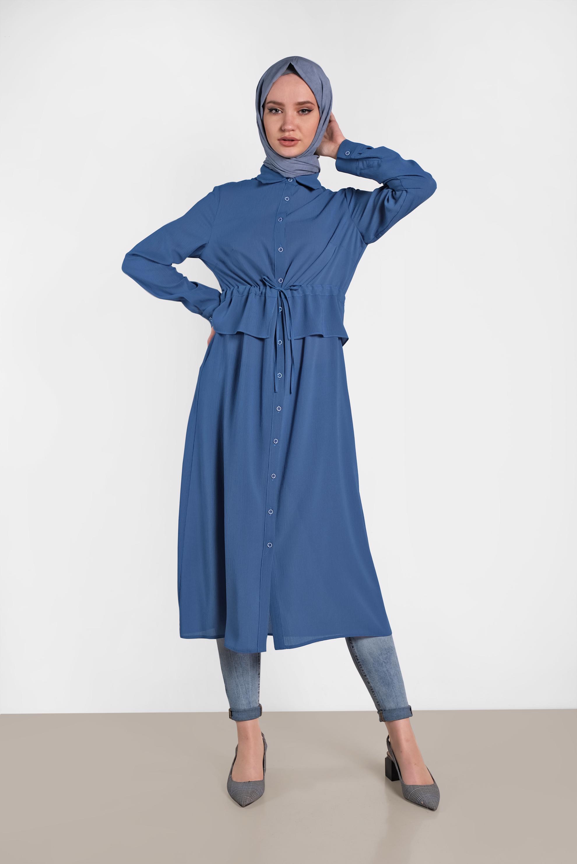 Tesettür giyim MAVİ BEL KISMI LASTİKLİ BAĞCIKLI TUNİK 4424