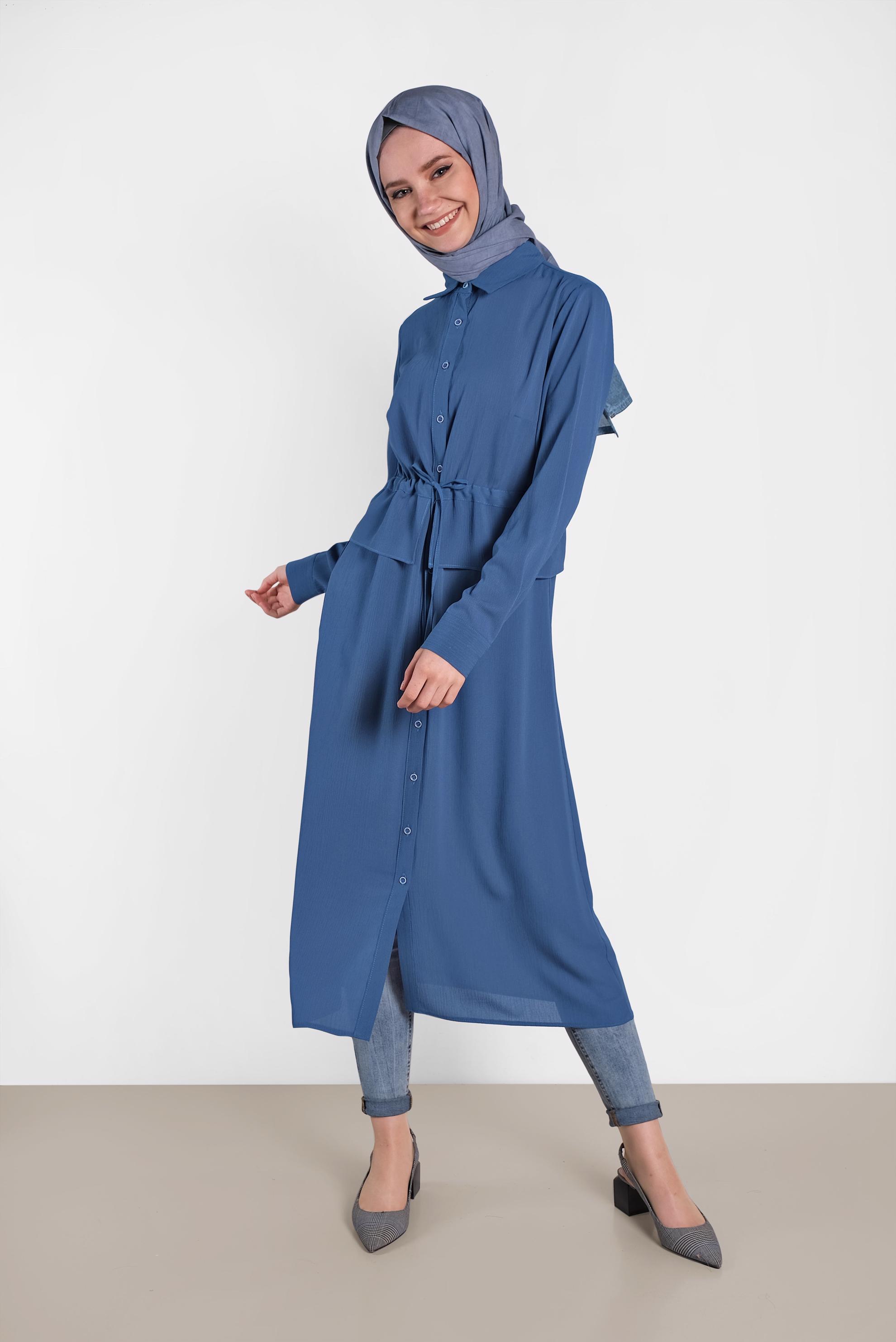 Tesettür giyim MAVİ BEL KISMI LASTİKLİ BAĞCIKLI TUNİK 4424