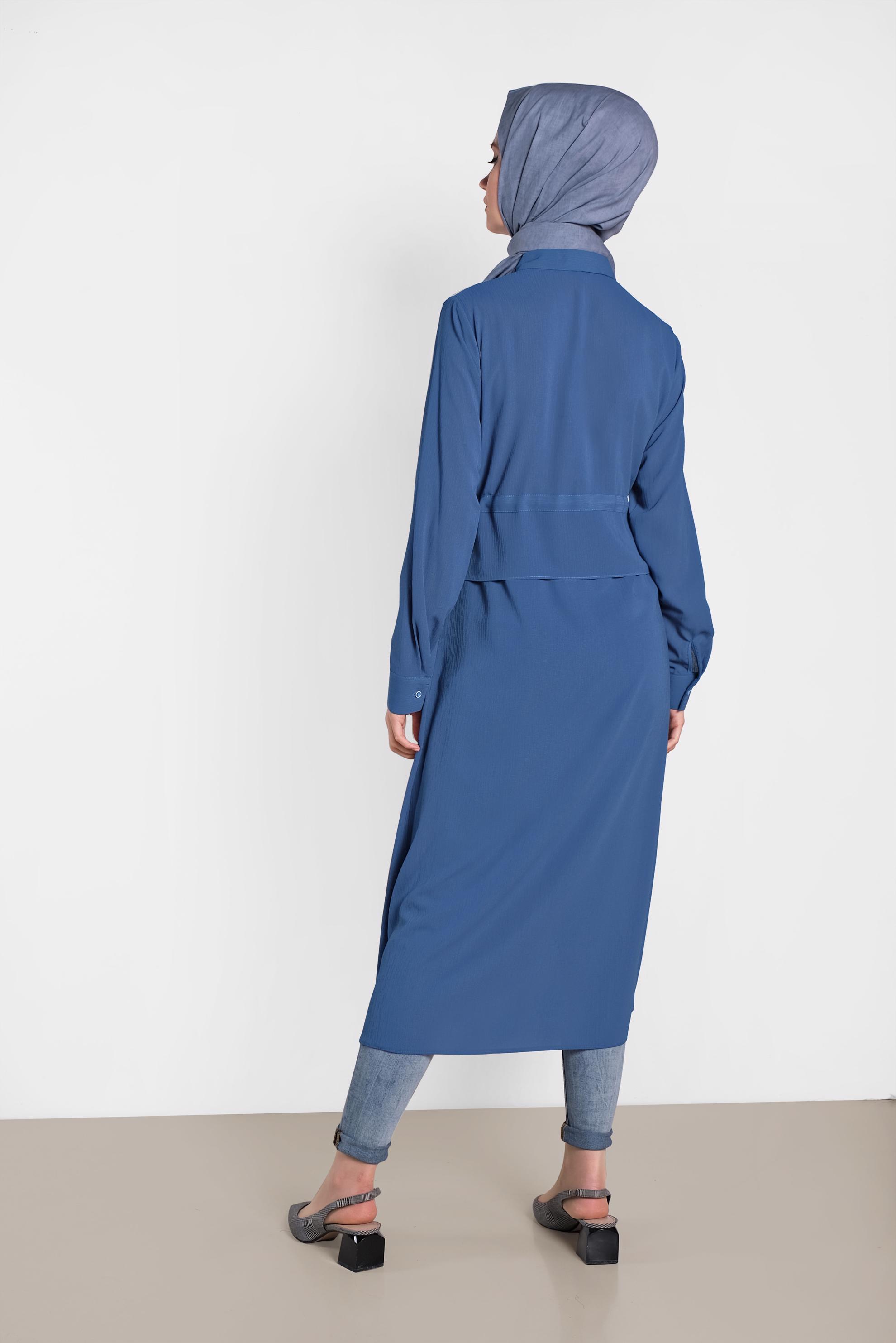 Tesettür giyim MAVİ BEL KISMI LASTİKLİ BAĞCIKLI TUNİK 4424