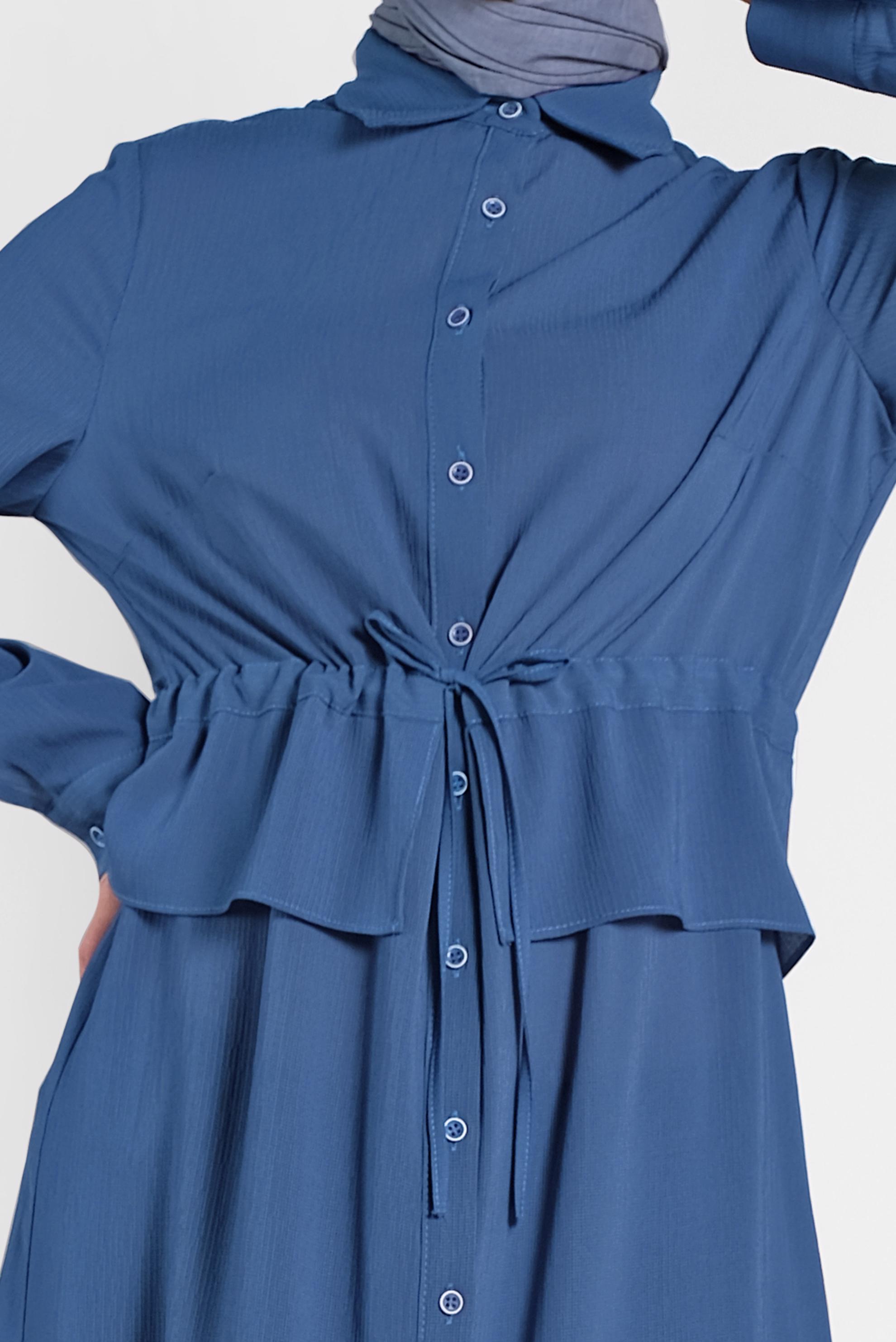 Tesettür giyim MAVİ BEL KISMI LASTİKLİ BAĞCIKLI TUNİK 4424