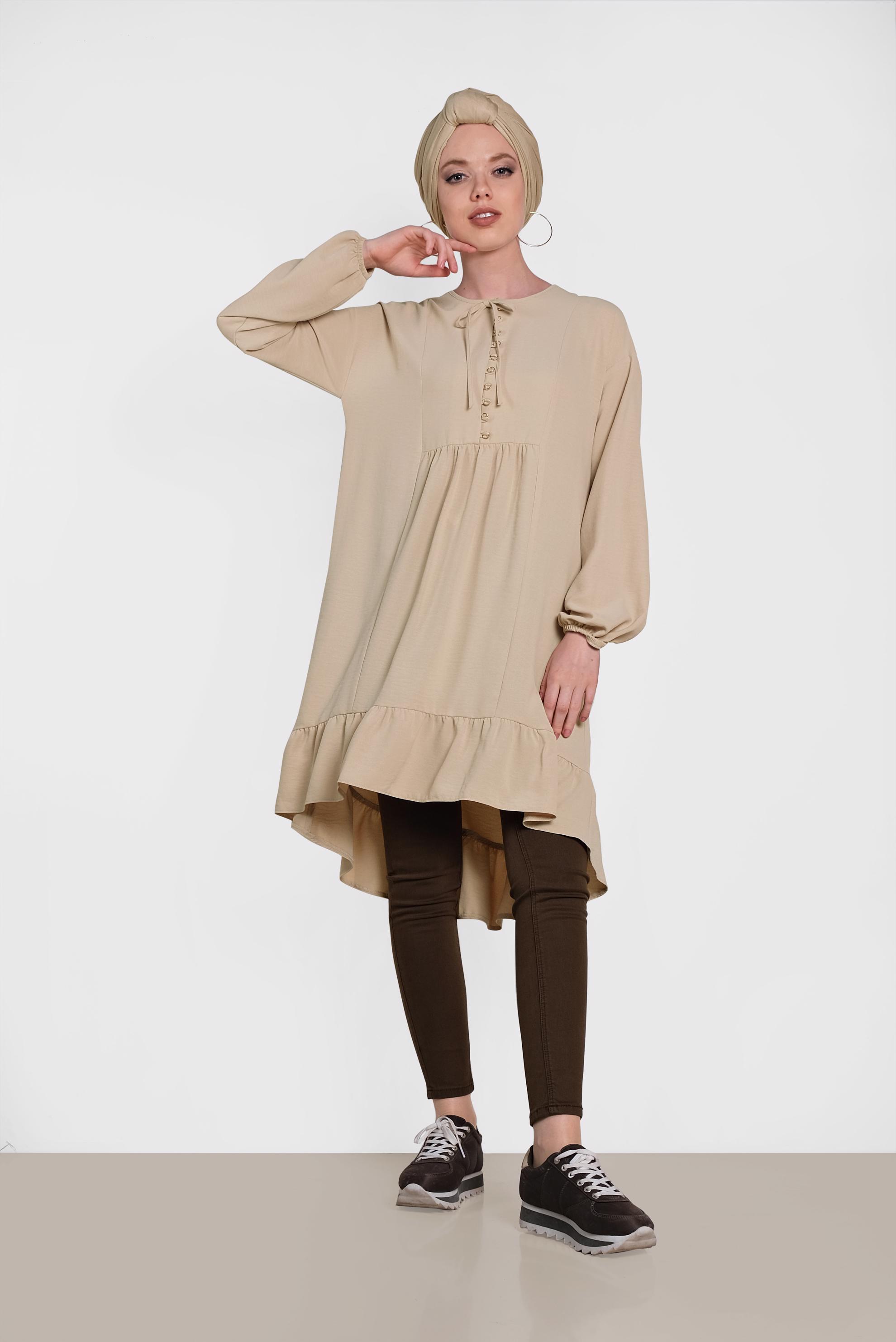 Tesettür giyim KAHVE VOLANLI SALAŞ TUNİK 4426