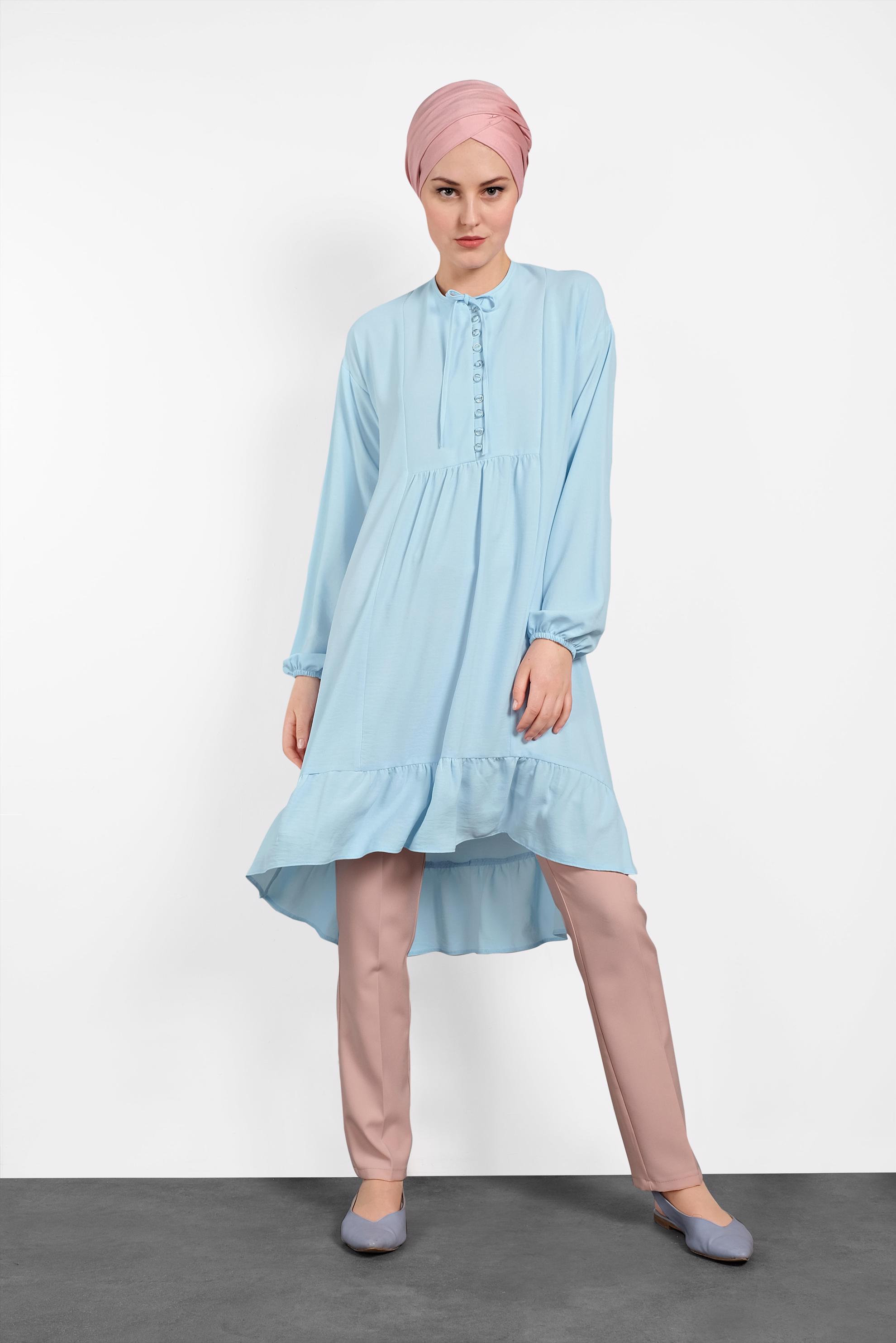 Tesettür giyim MAVİ VOLANLI SALAŞ TUNİK 4426