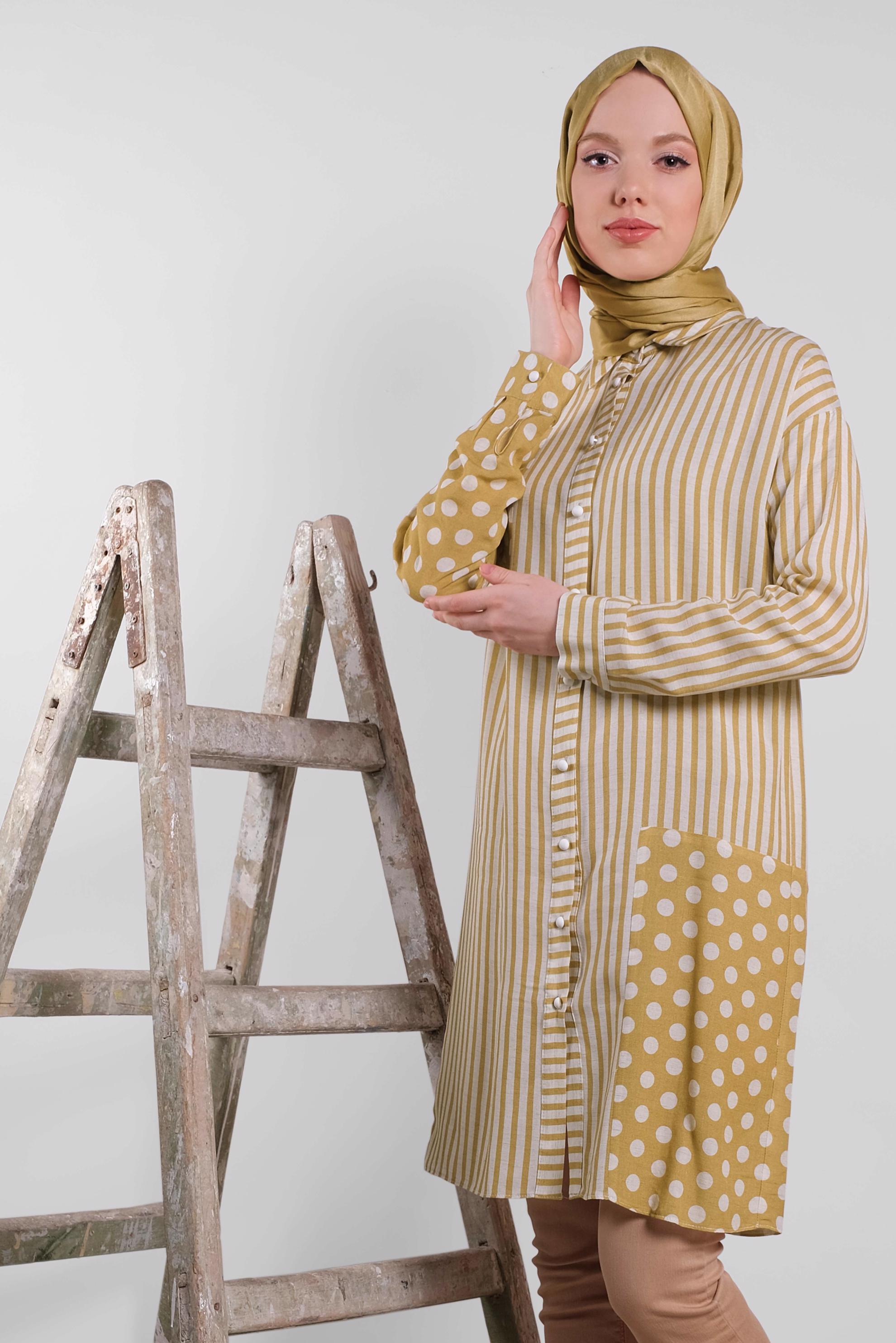 Tesettür giyim SARI ÇİZGİ VE PUANTİYE DESENLİ TUNİK 4427