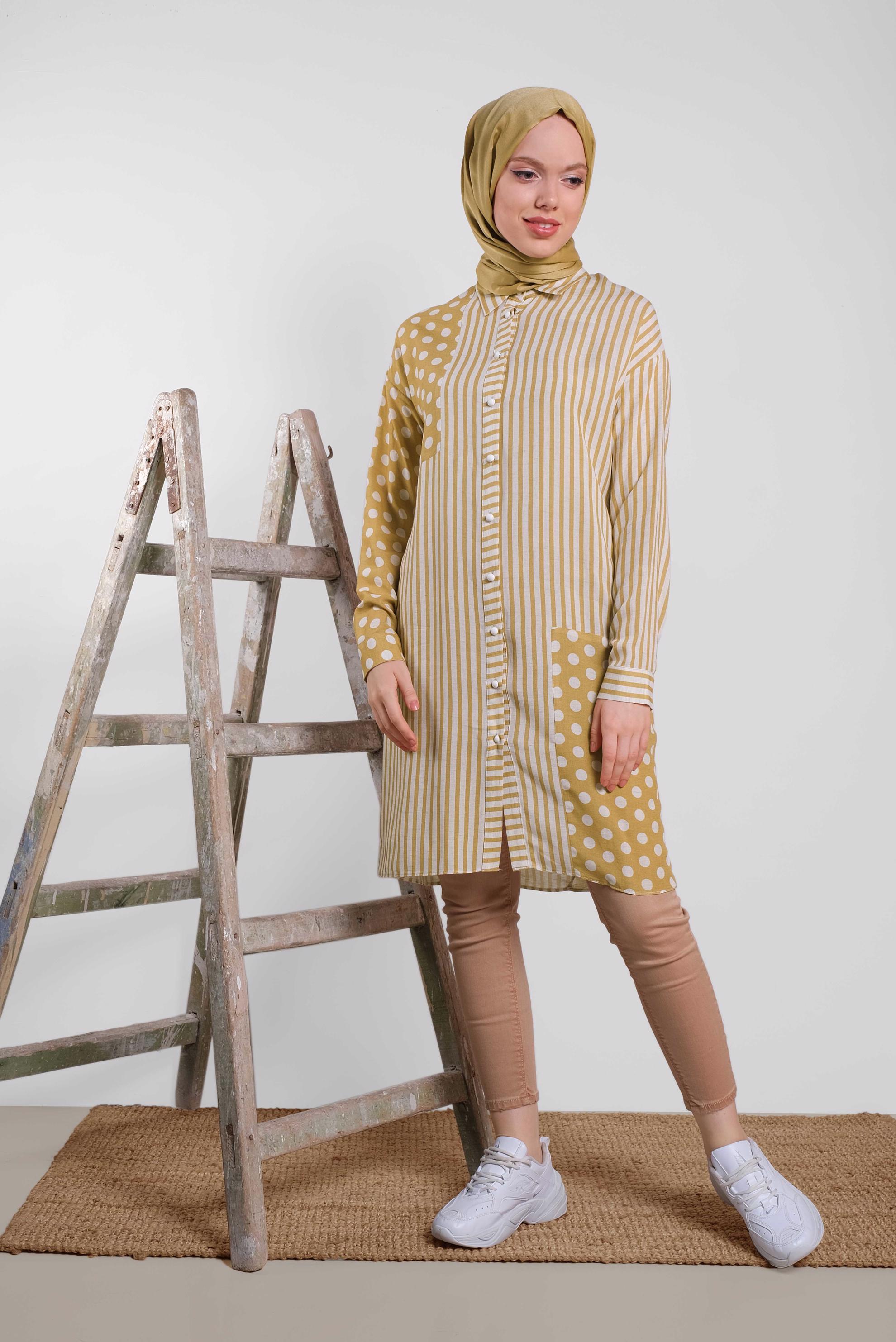 Tesettür giyim SARI ÇİZGİ VE PUANTİYE DESENLİ TUNİK 4427