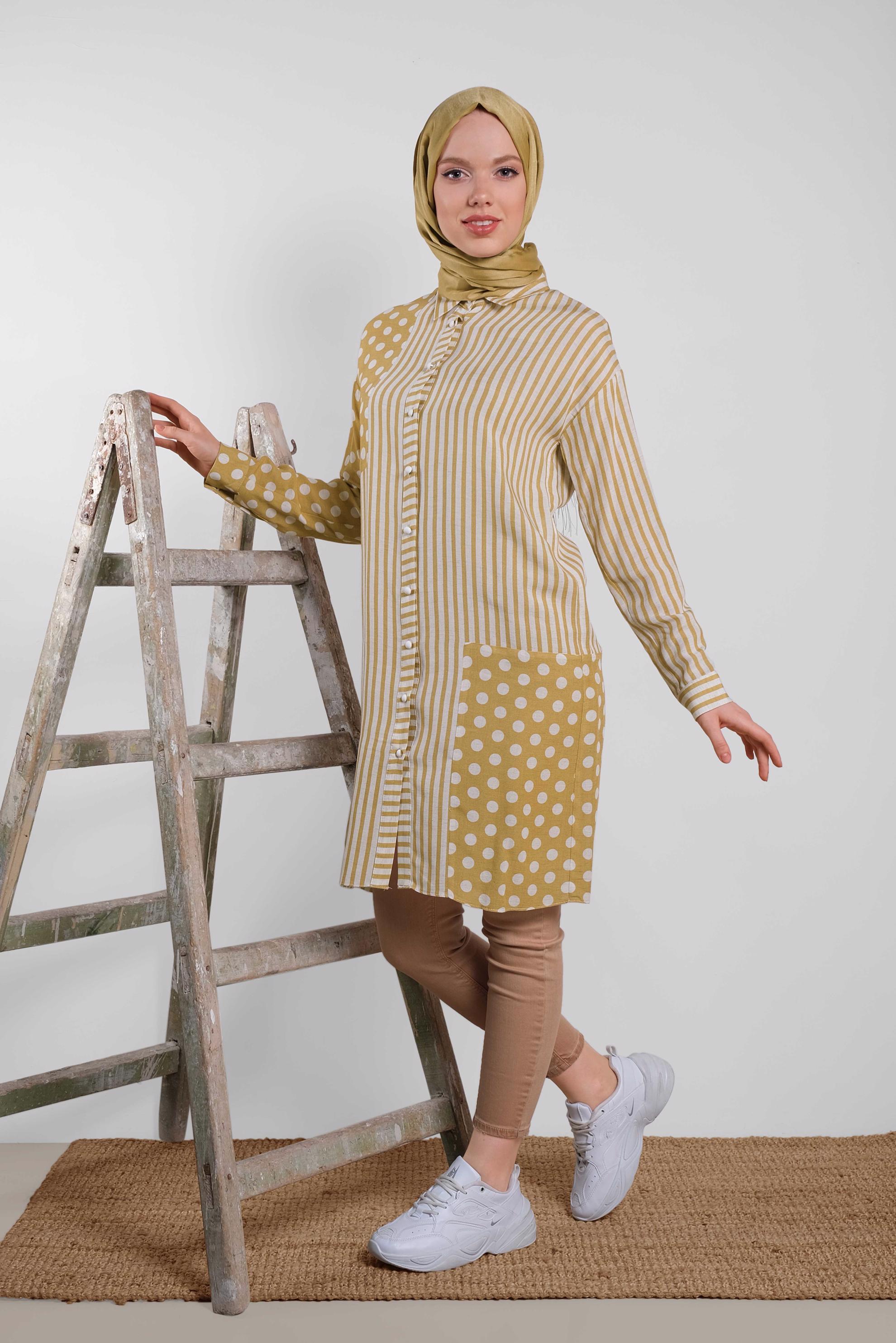 Tesettür giyim SARI ÇİZGİ VE PUANTİYE DESENLİ TUNİK 4427