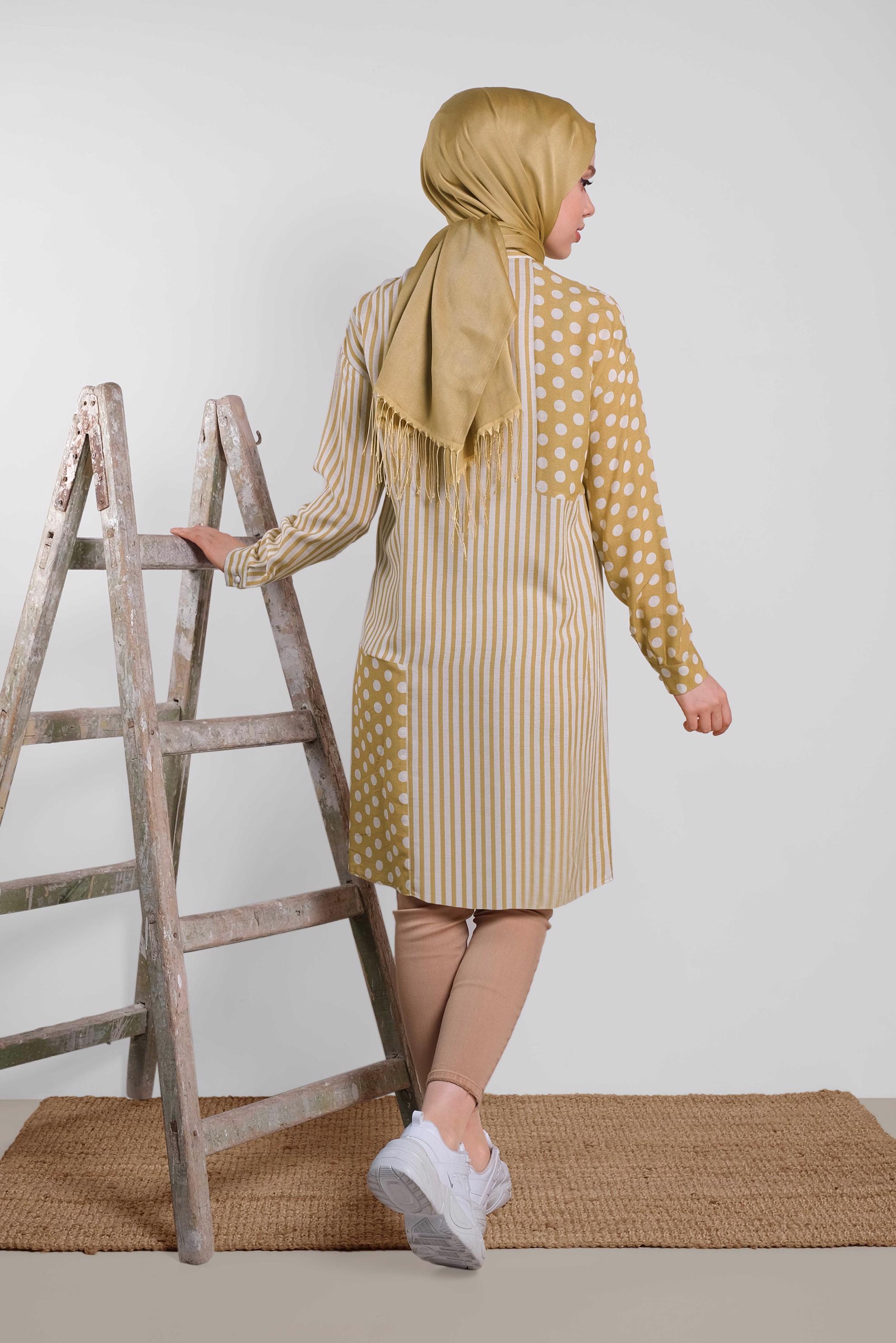 Tesettür giyim SARI ÇİZGİ VE PUANTİYE DESENLİ TUNİK 4427