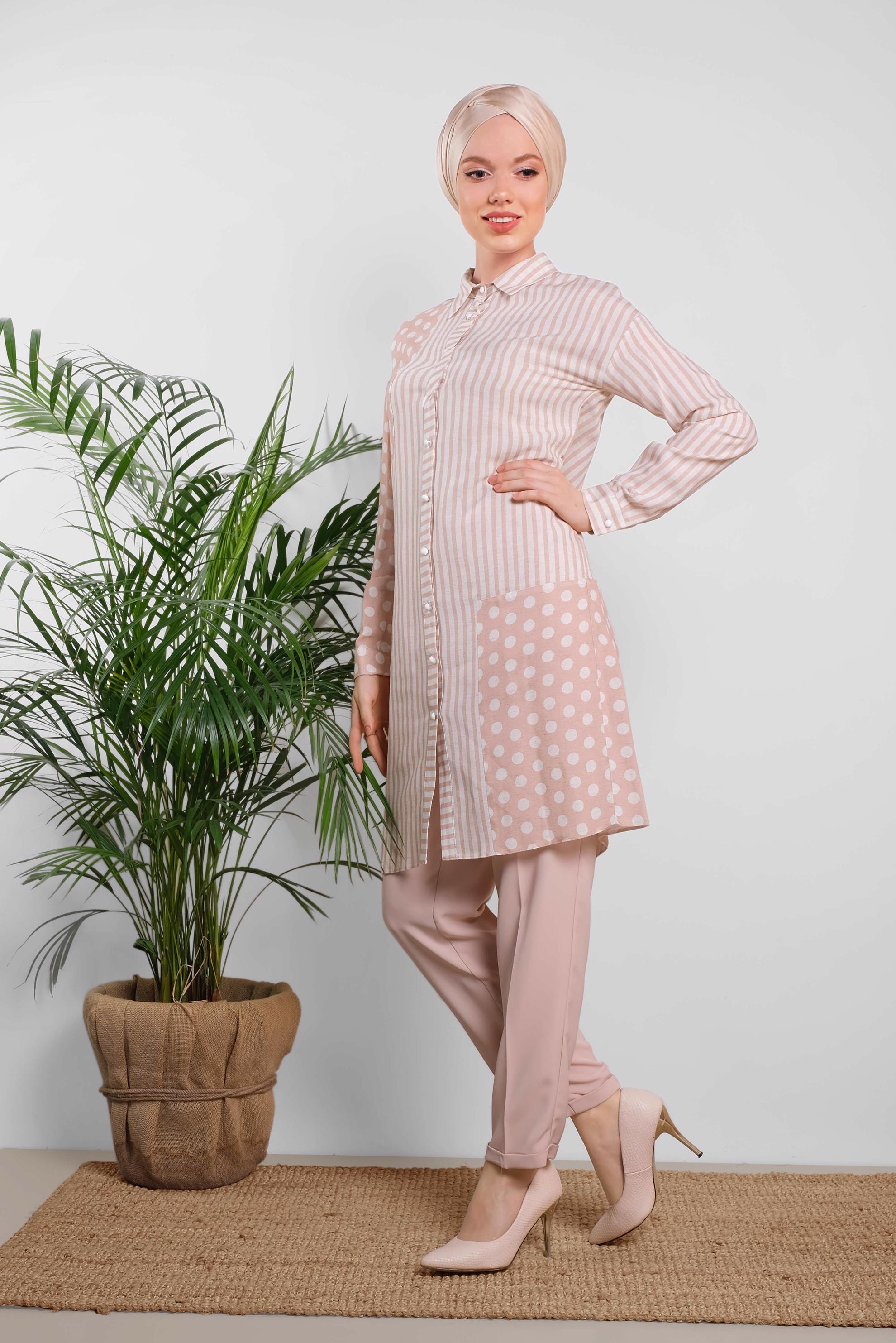 Tesettür giyim PUDRA ÇİZGİ VE PUANTİYE DESENLİ TUNİK 4427