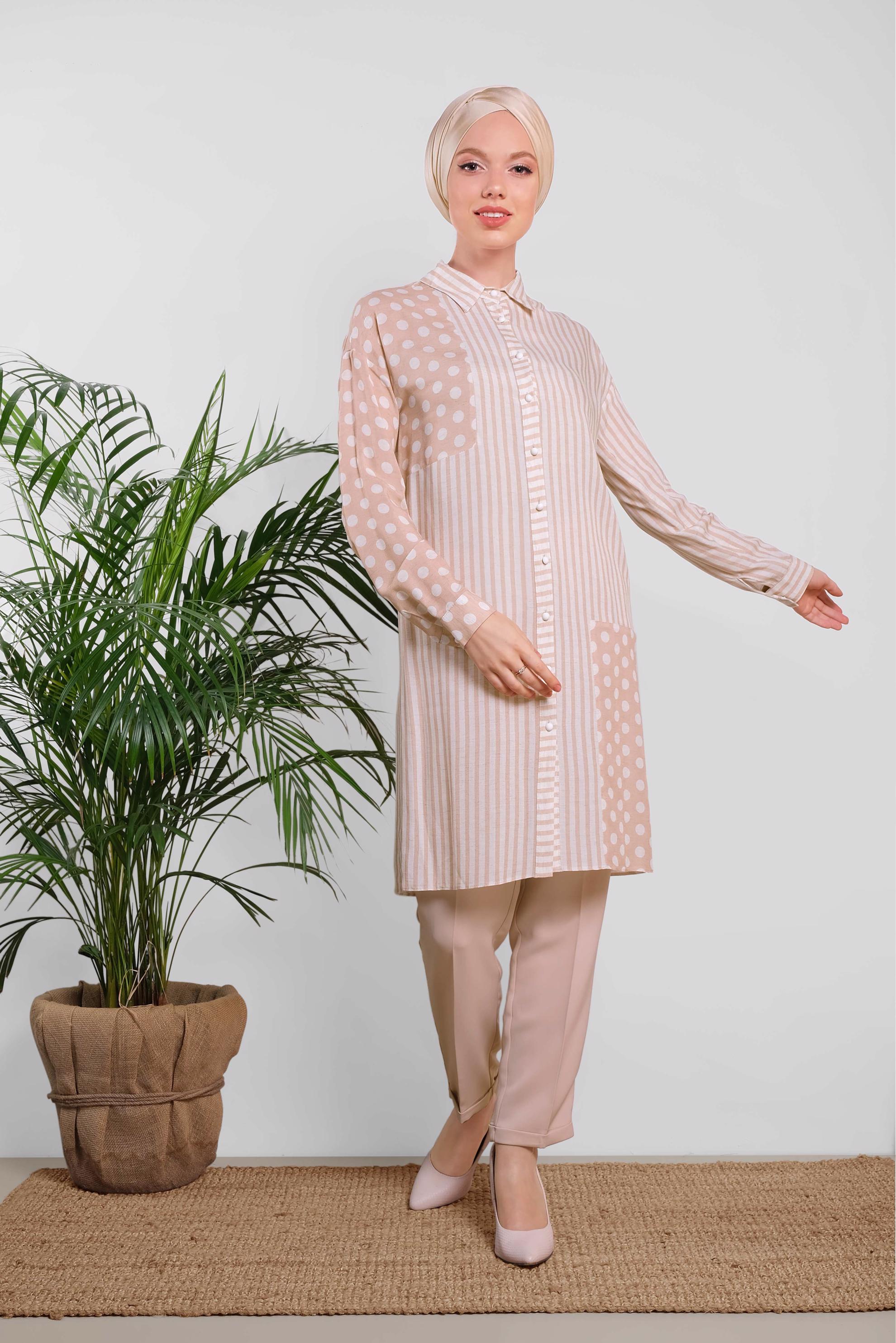 Tesettür giyim PUDRA ÇİZGİ VE PUANTİYE DESENLİ TUNİK 4427