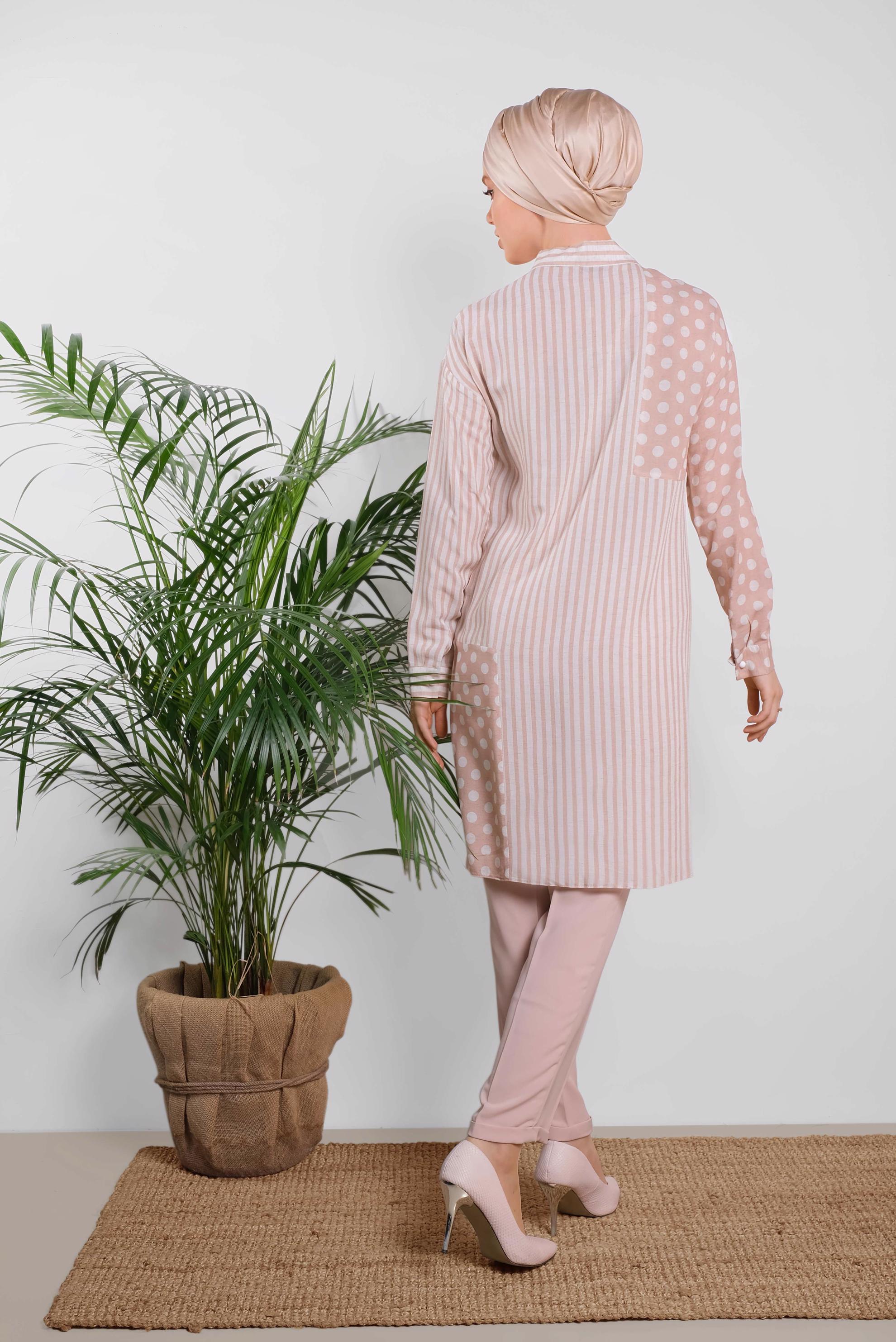 Tesettür giyim PUDRA ÇİZGİ VE PUANTİYE DESENLİ TUNİK 4427