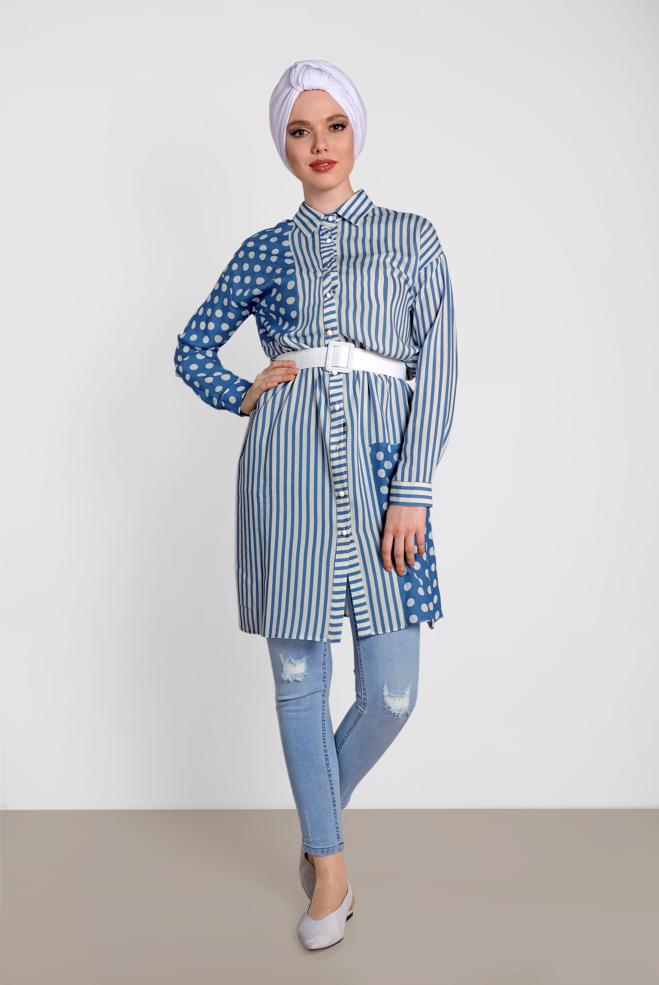 Tesettür giyim  ÇİZGİ VE PUANTİYE DESENLİ TUNİK 4427 - ALVİNA