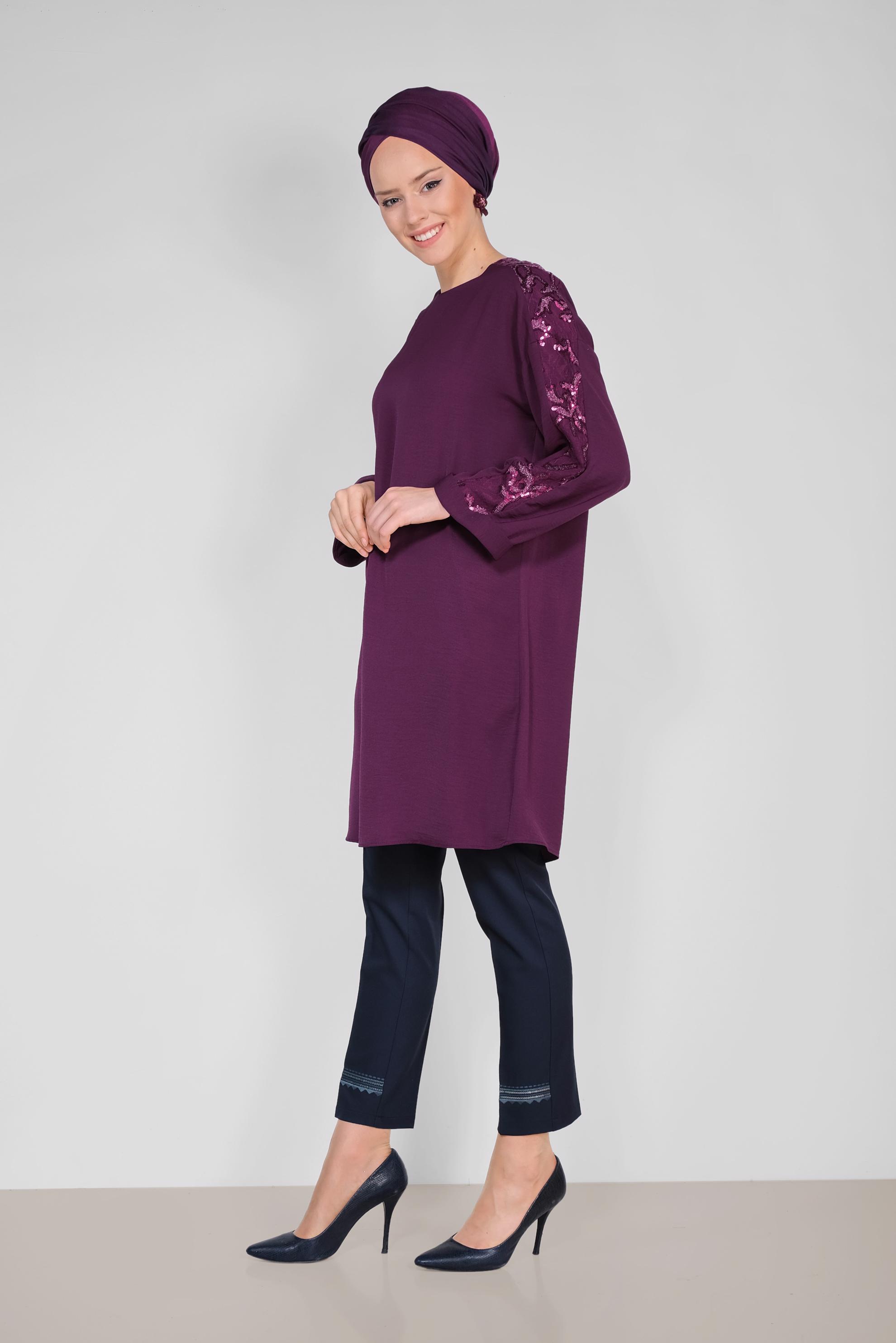 Tesettür giyim MOR KOLLARI PUL PAYETLİ TUNİK 4432