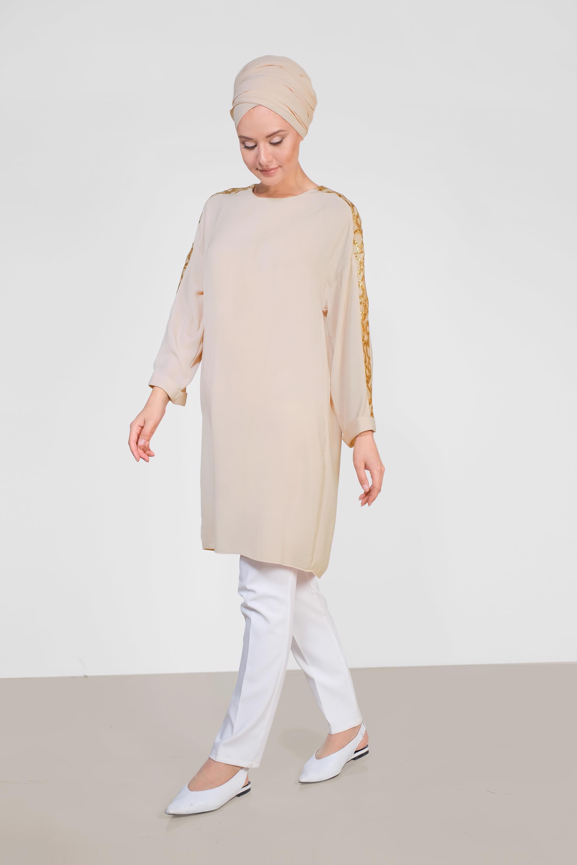 Tesettür giyim KAHVE KOLLARI PUL PAYETLİ TUNİK 4432