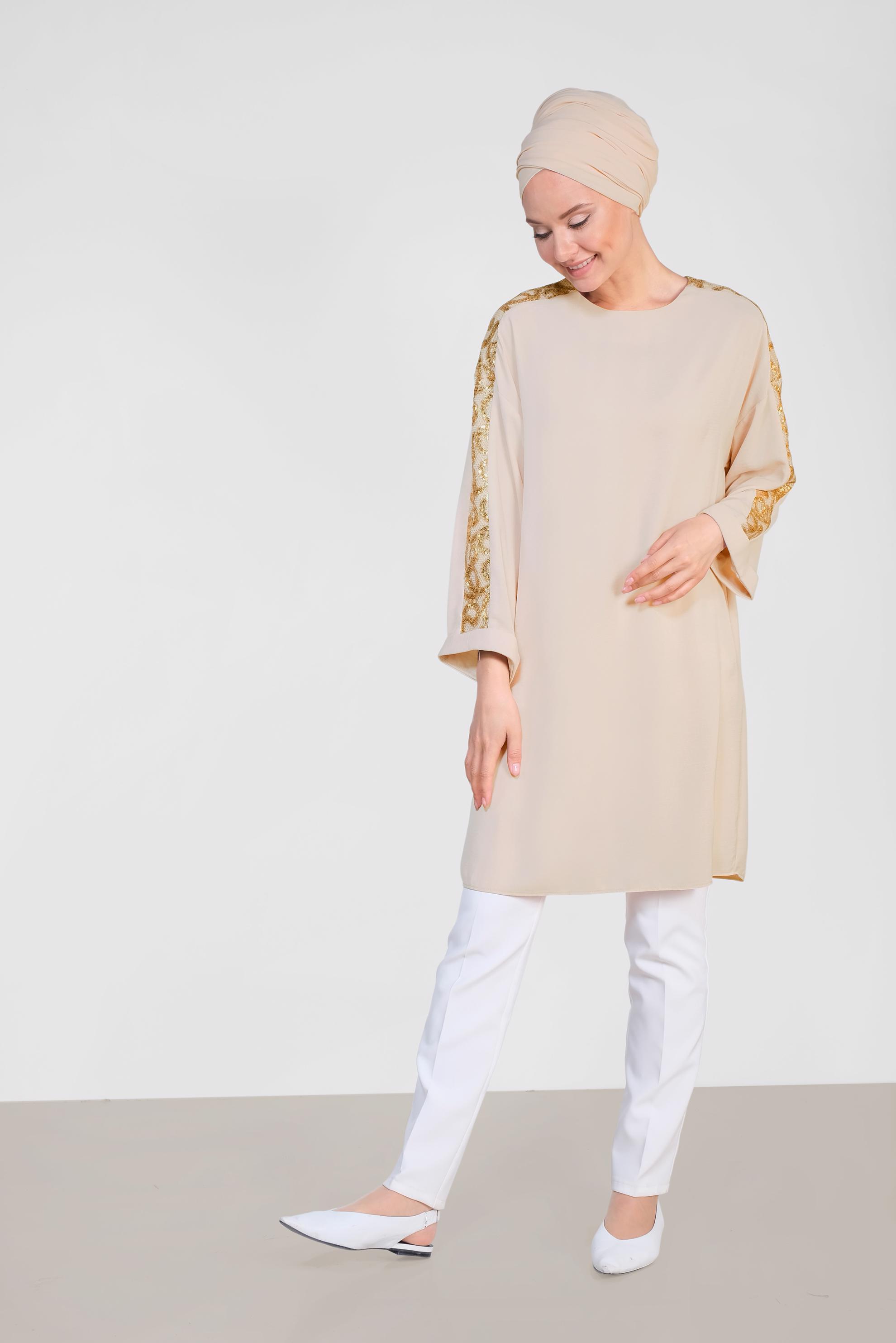 Tesettür giyim KAHVE KOLLARI PUL PAYETLİ TUNİK 4432