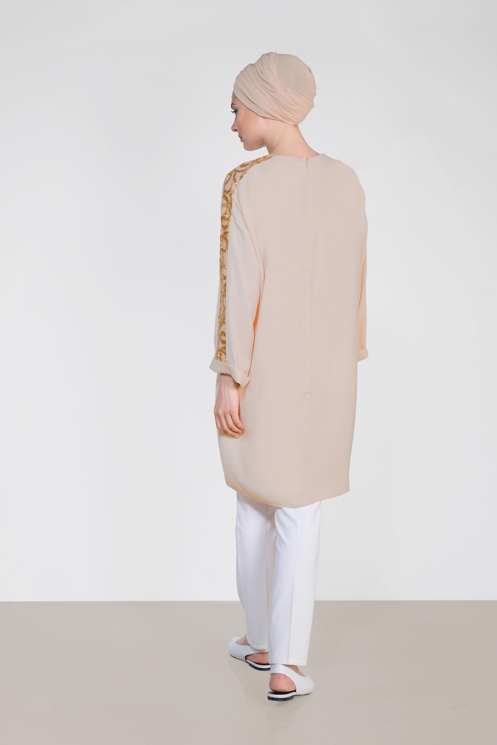 Tesettür giyim KAHVE KOLLARI PUL PAYETLİ TUNİK 4432