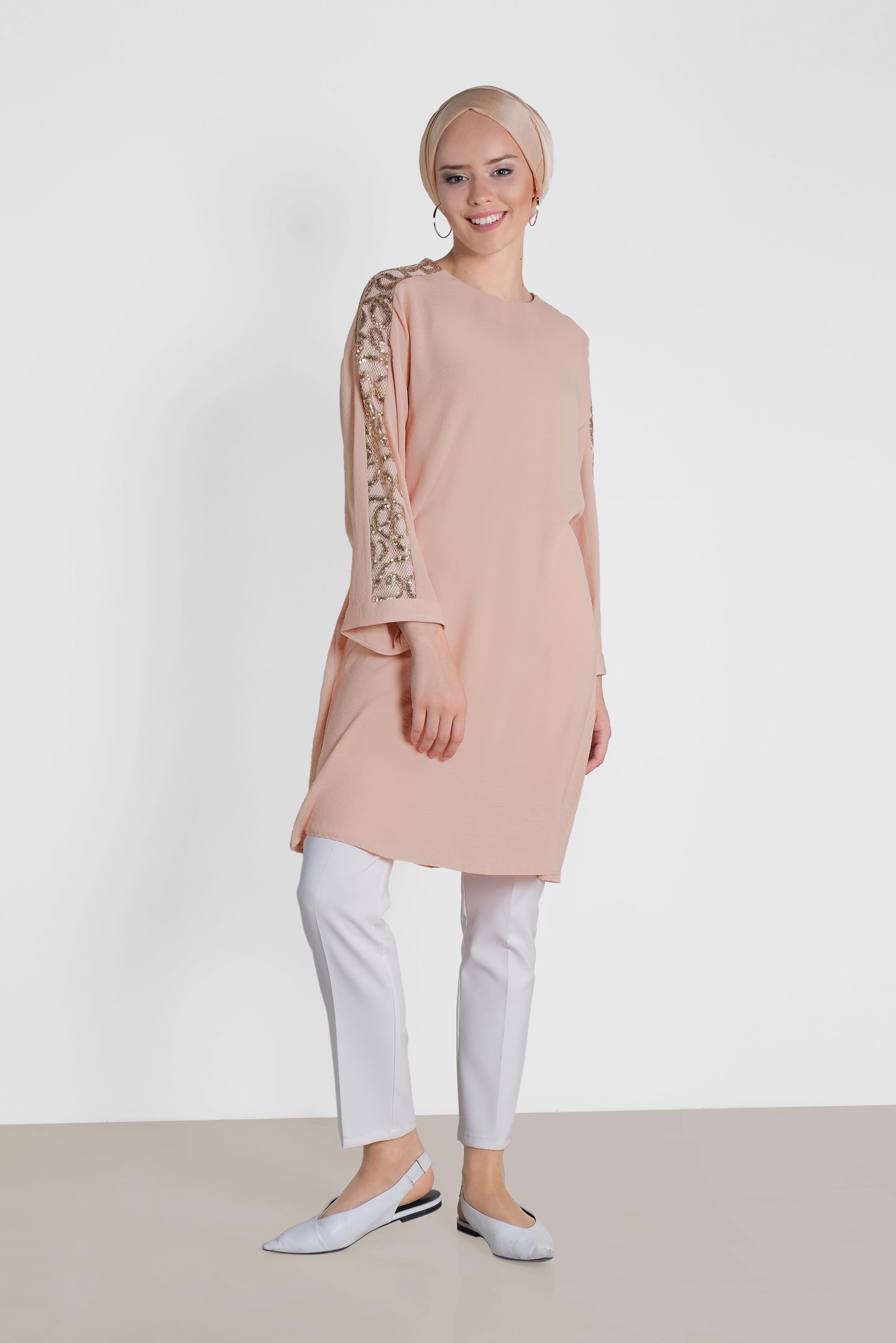 Tesettür giyim PUDRA KOLLARI PUL PAYETLİ TUNİK 4432