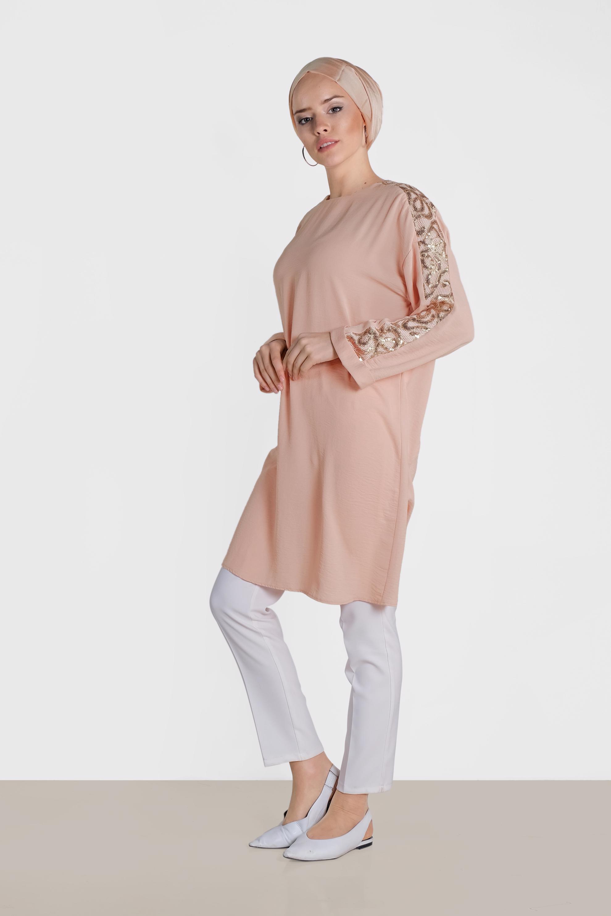 Tesettür giyim PUDRA KOLLARI PUL PAYETLİ TUNİK 4432