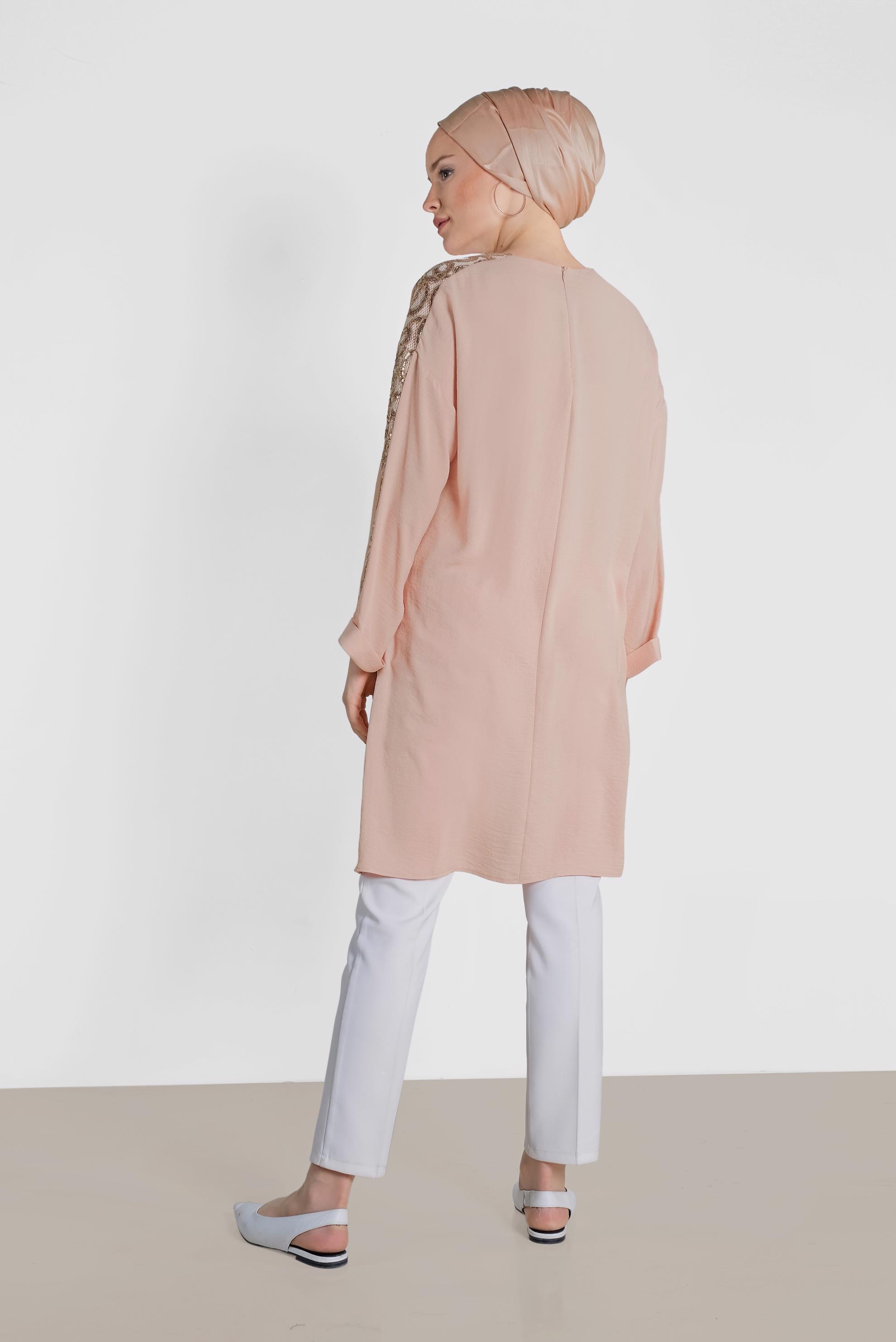 Tesettür giyim PUDRA KOLLARI PUL PAYETLİ TUNİK 4432