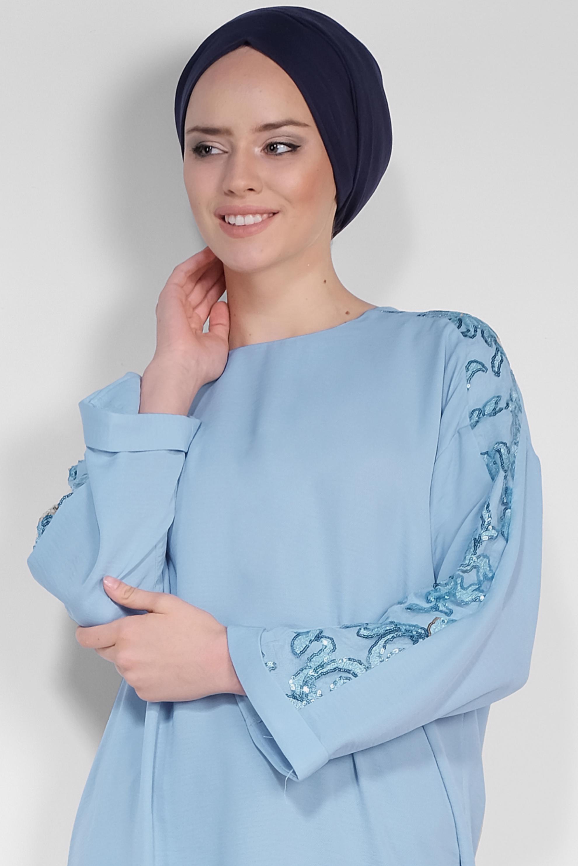 Tesettür giyim MAVİ KOLLARI PUL PAYETLİ TUNİK 4432