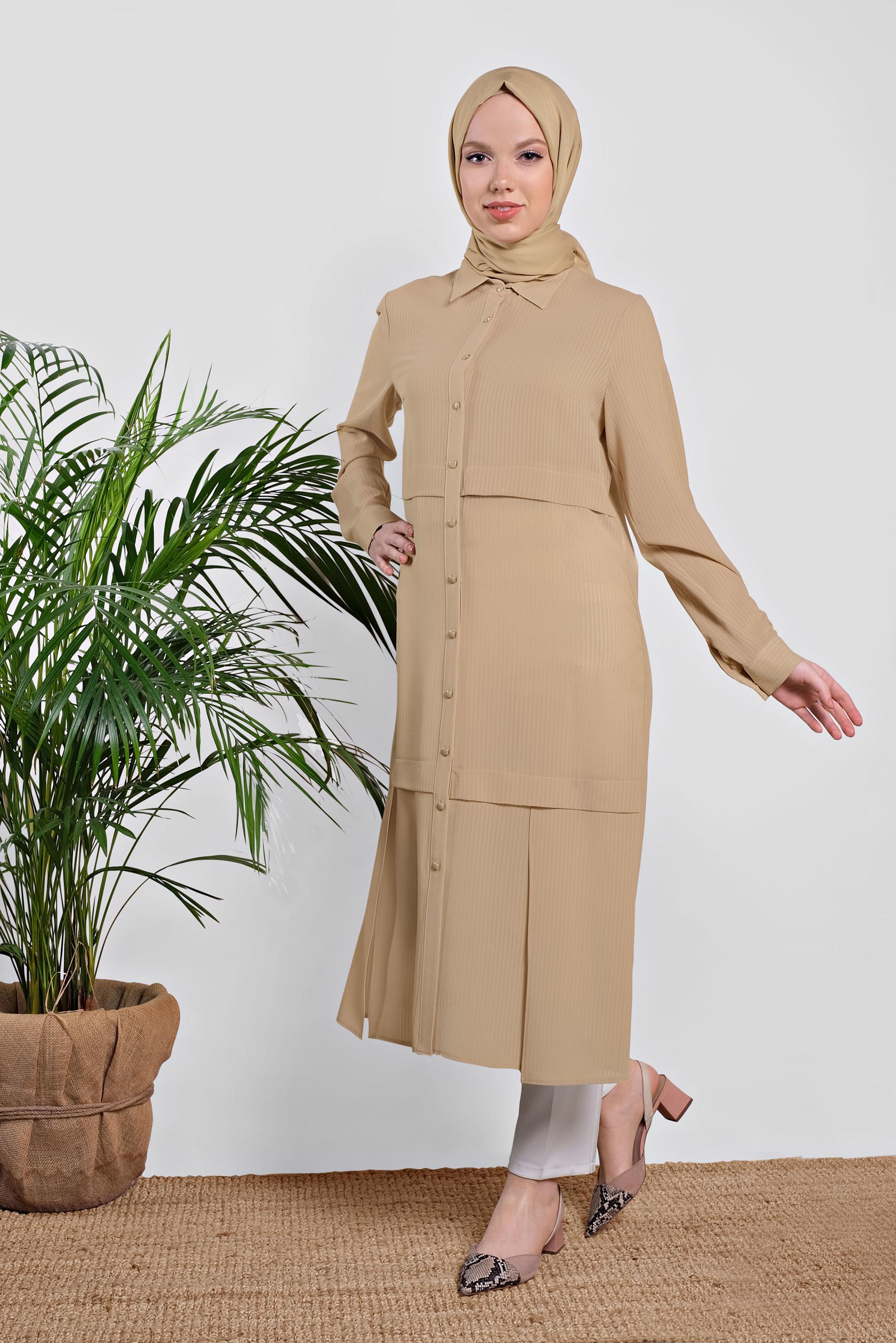 Tesettür giyim BEJ BOYDAN DÜĞMELİ ŞİFON TUNİK 4434