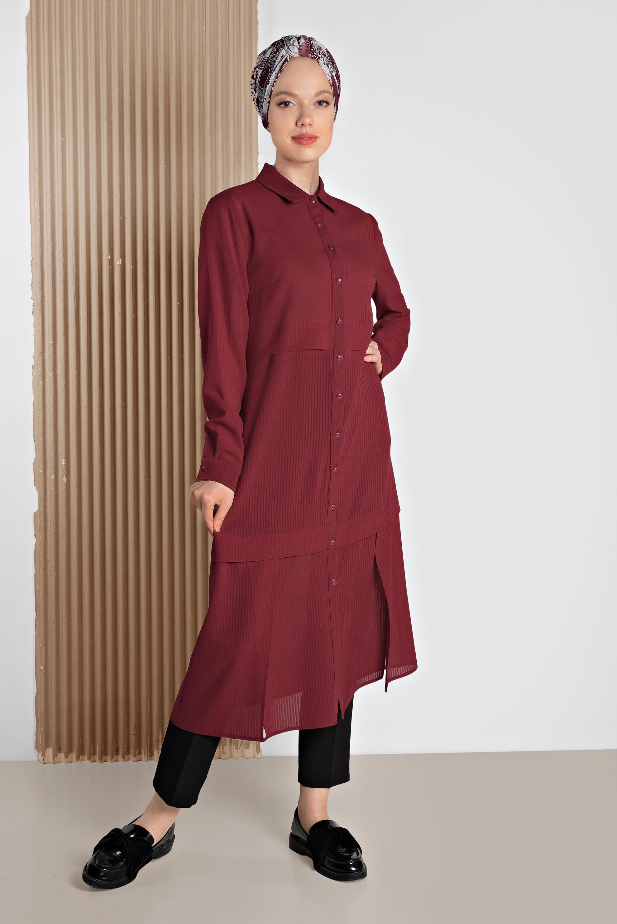 Tesettür giyim BORDO BOYDAN DÜĞMELİ ŞİFON TUNİK 4434