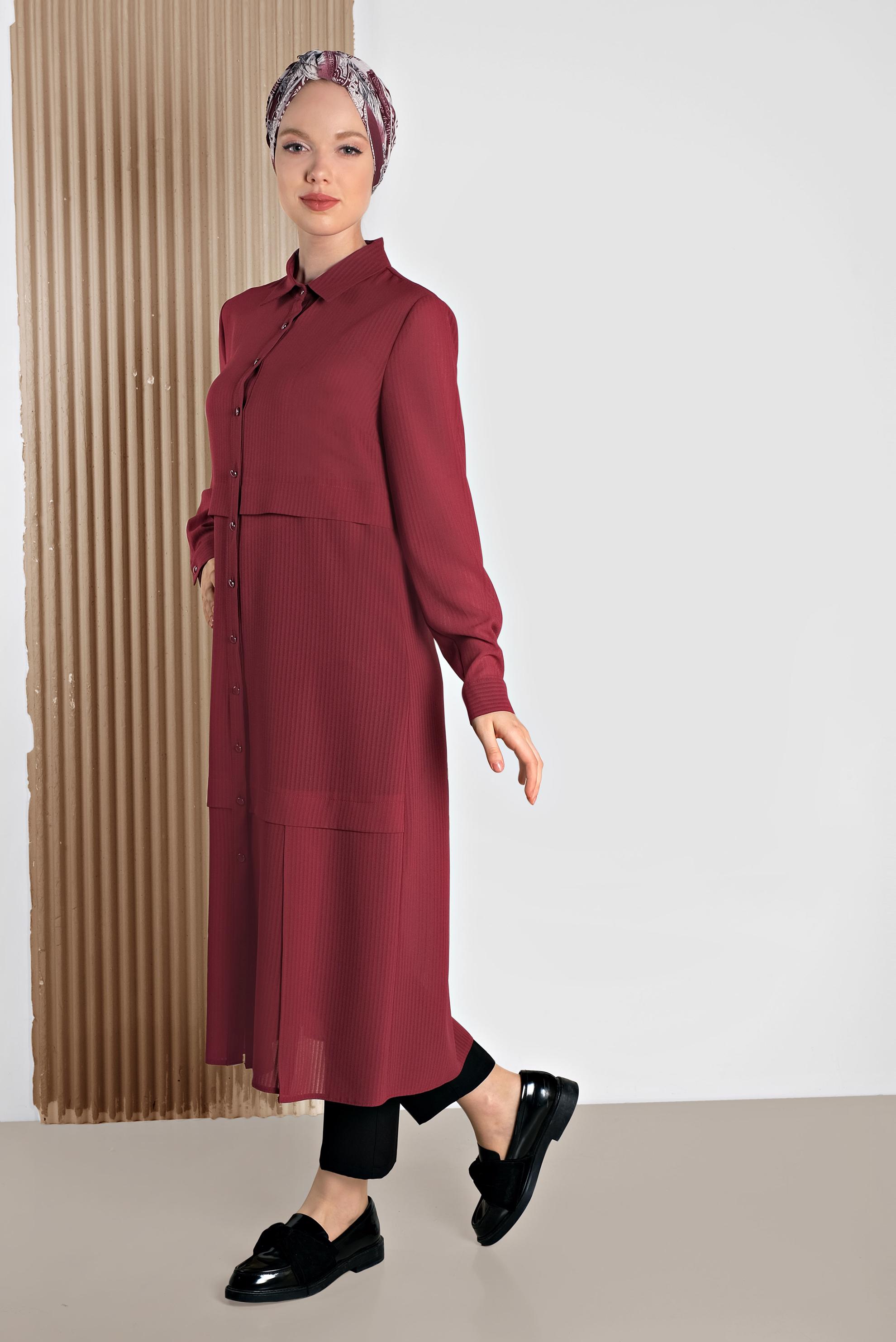 Tesettür giyim BORDO BOYDAN DÜĞMELİ ŞİFON TUNİK 4434