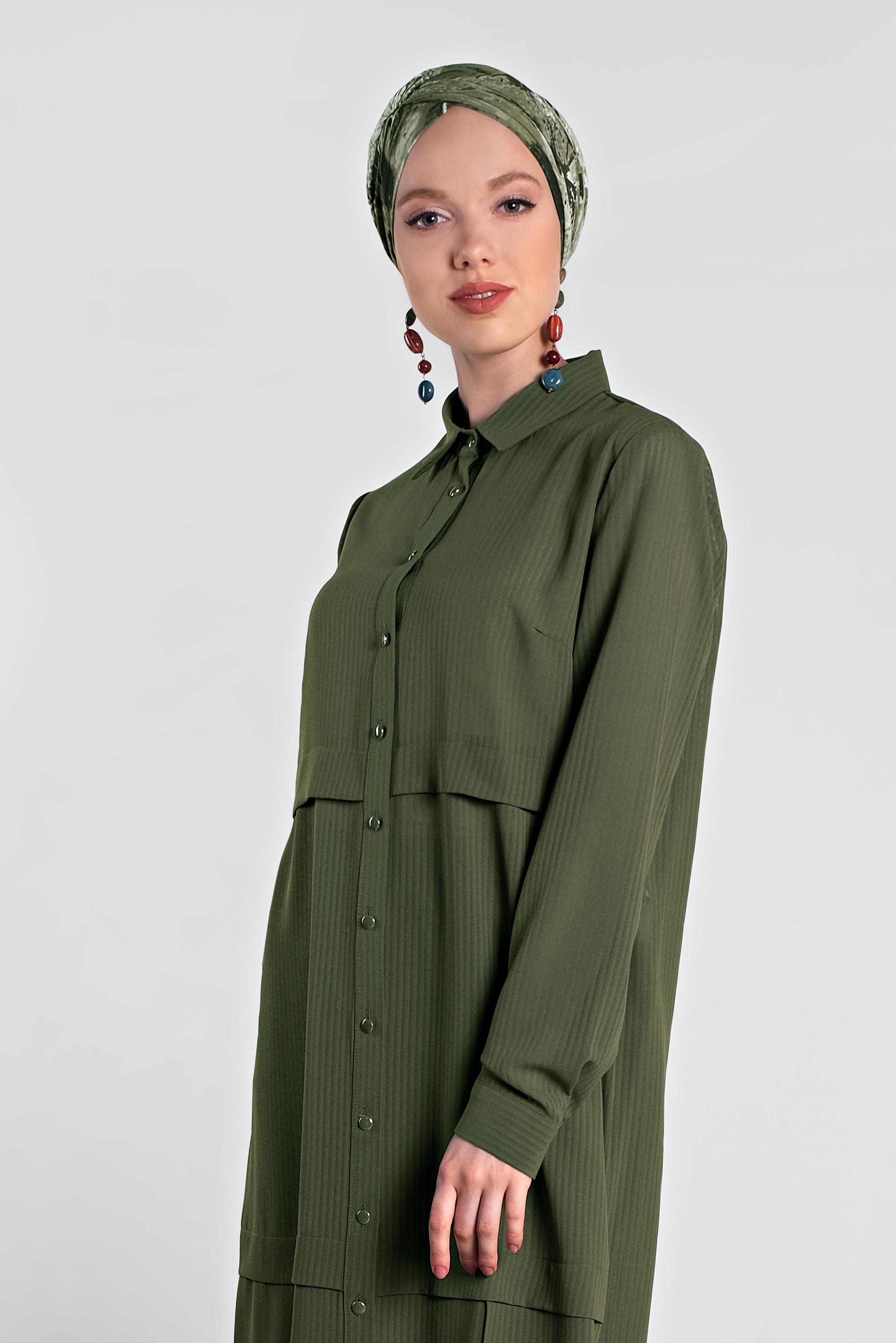 Tesettür giyim HAKİ BOYDAN DÜĞMELİ ŞİFON TUNİK 4434