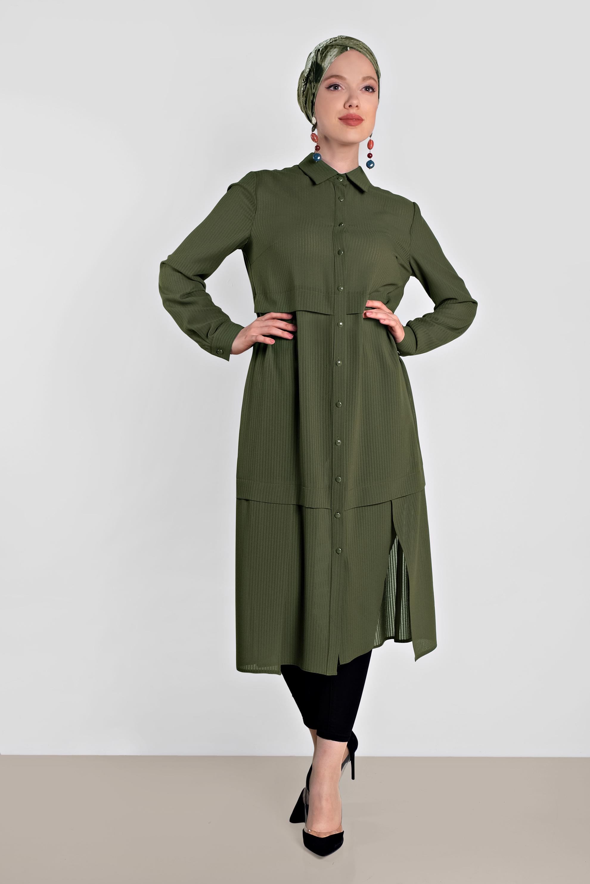 Tesettür giyim HAKİ BOYDAN DÜĞMELİ ŞİFON TUNİK 4434