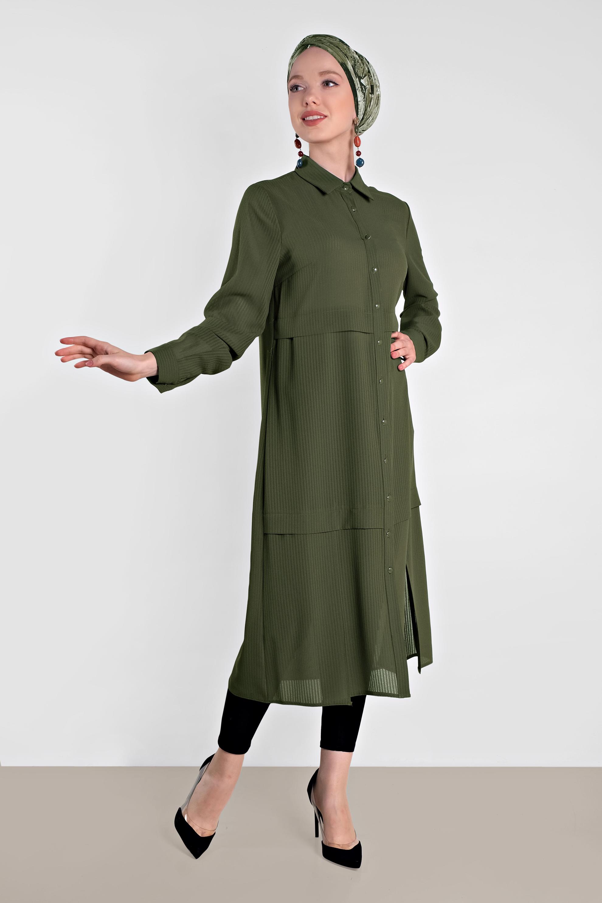 Tesettür giyim HAKİ BOYDAN DÜĞMELİ ŞİFON TUNİK 4434