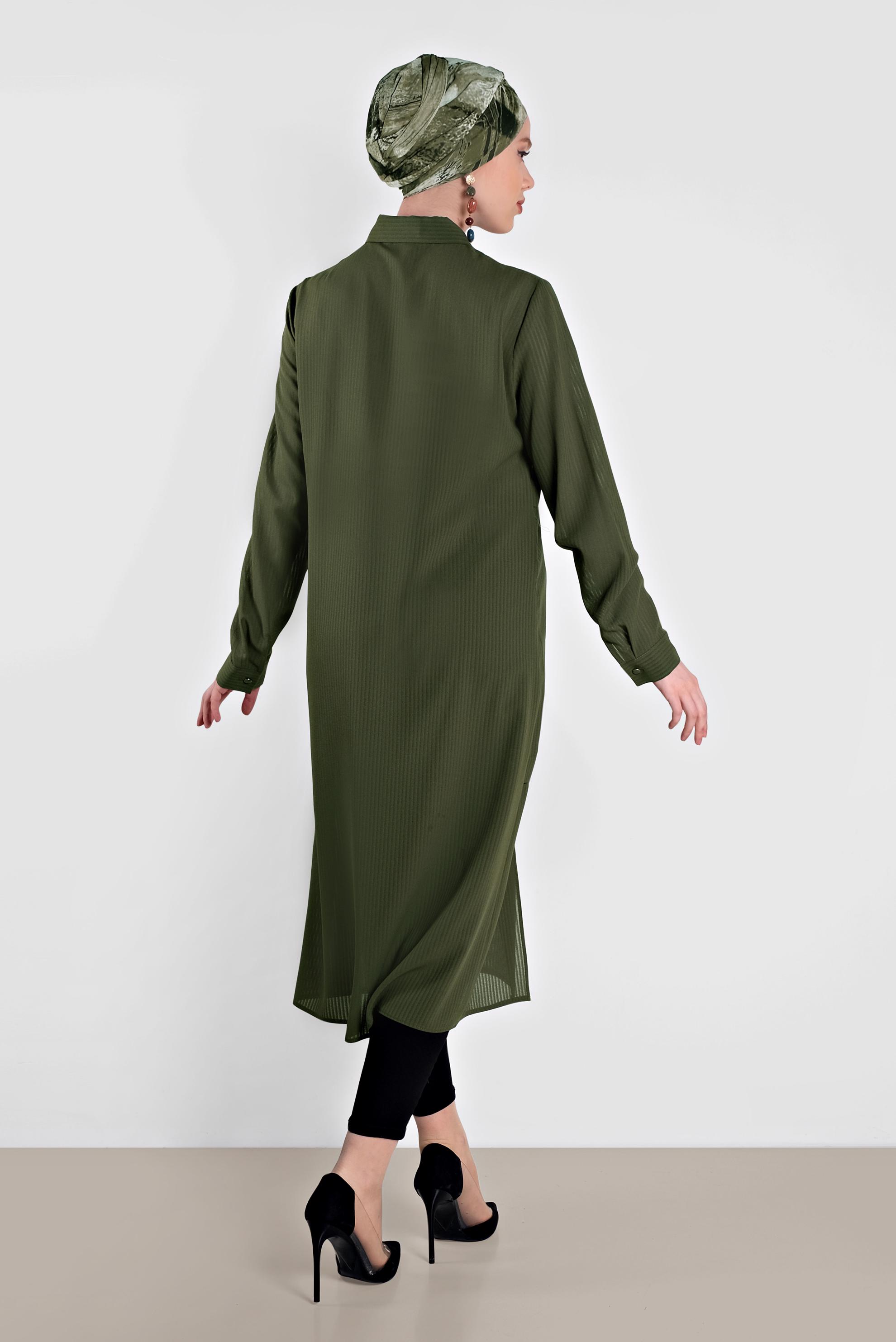 Tesettür giyim HAKİ BOYDAN DÜĞMELİ ŞİFON TUNİK 4434