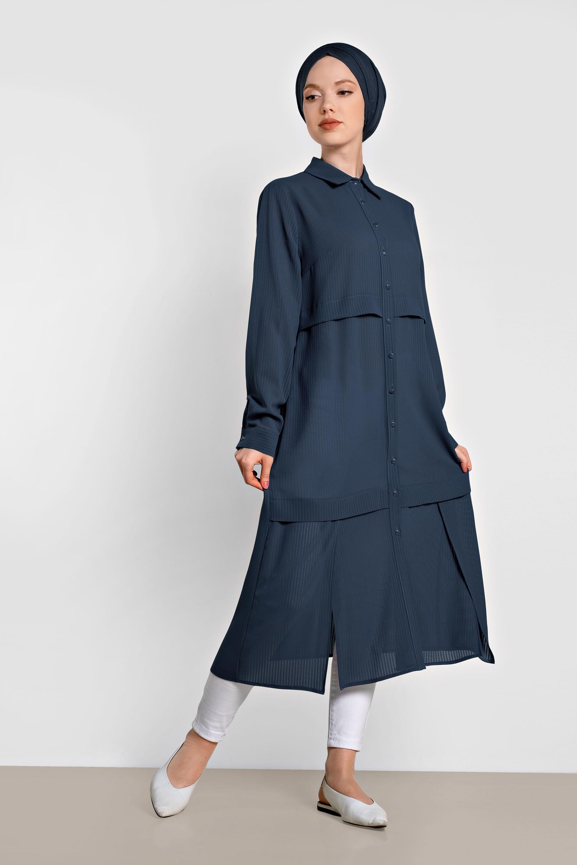 Tesettür giyim LACİVERT BOYDAN DÜĞMELİ ŞİFON TUNİK 4434