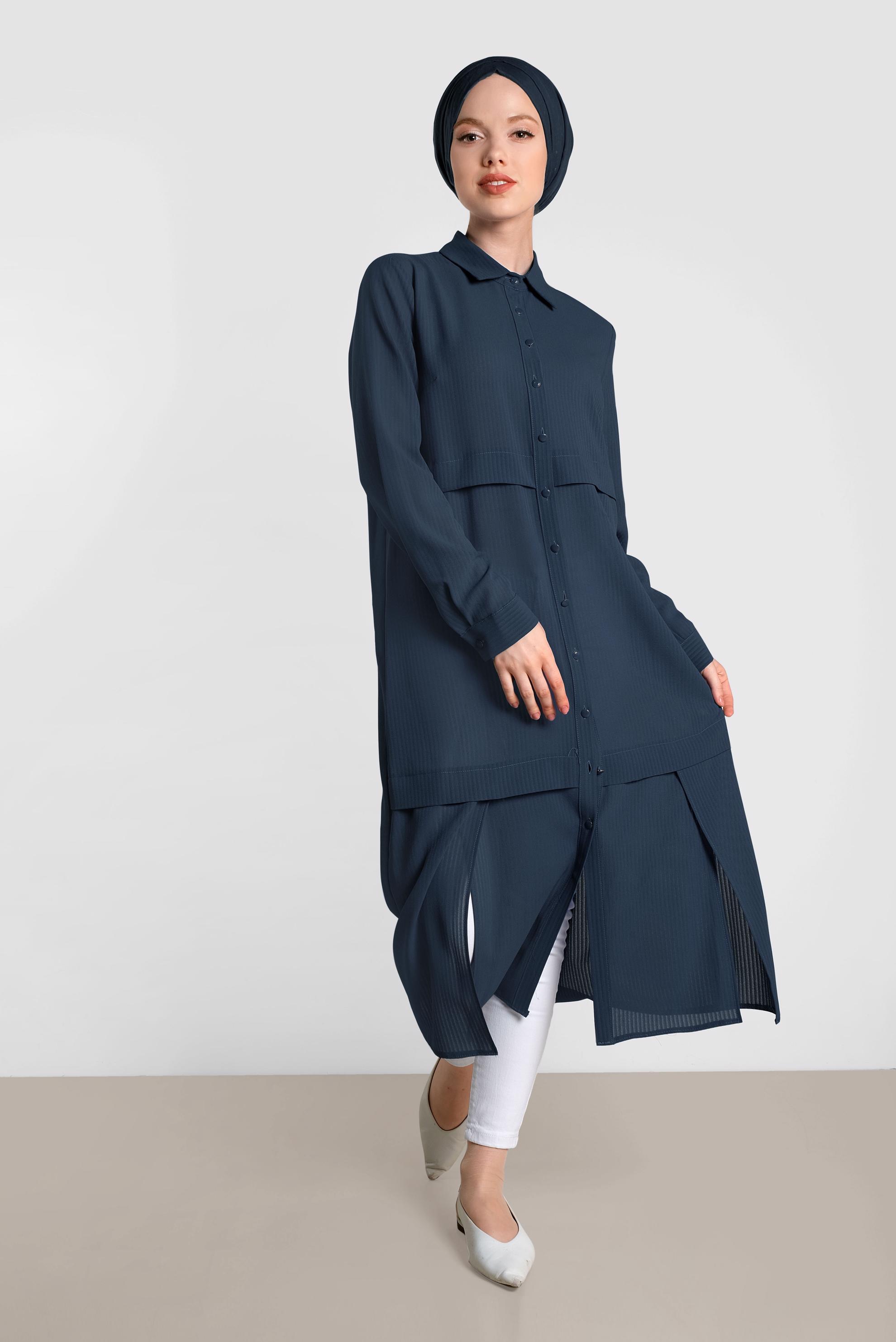 Tesettür giyim LACİVERT BOYDAN DÜĞMELİ ŞİFON TUNİK 4434