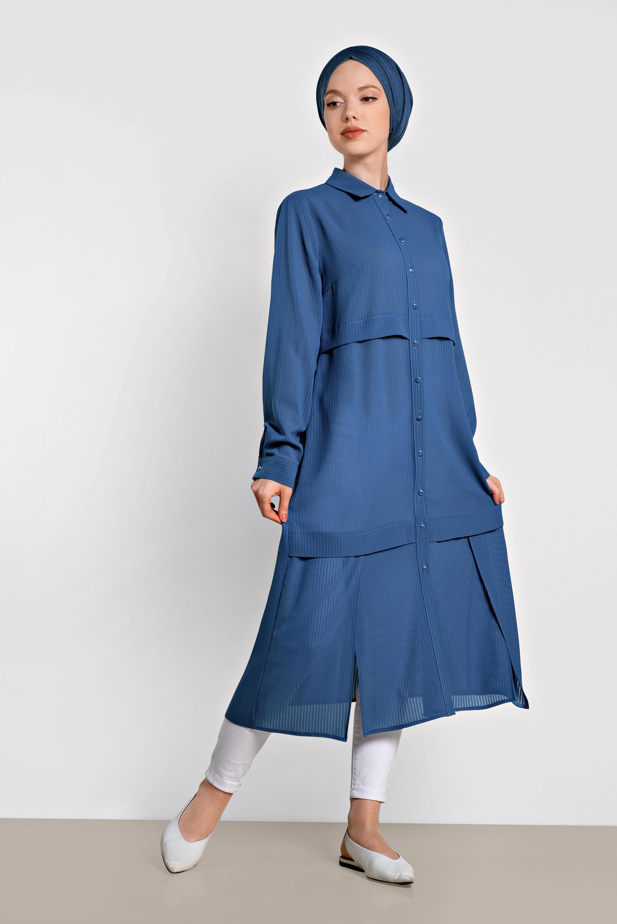 Tesettür giyim LACİVERT BOYDAN DÜĞMELİ ŞİFON TUNİK 4434