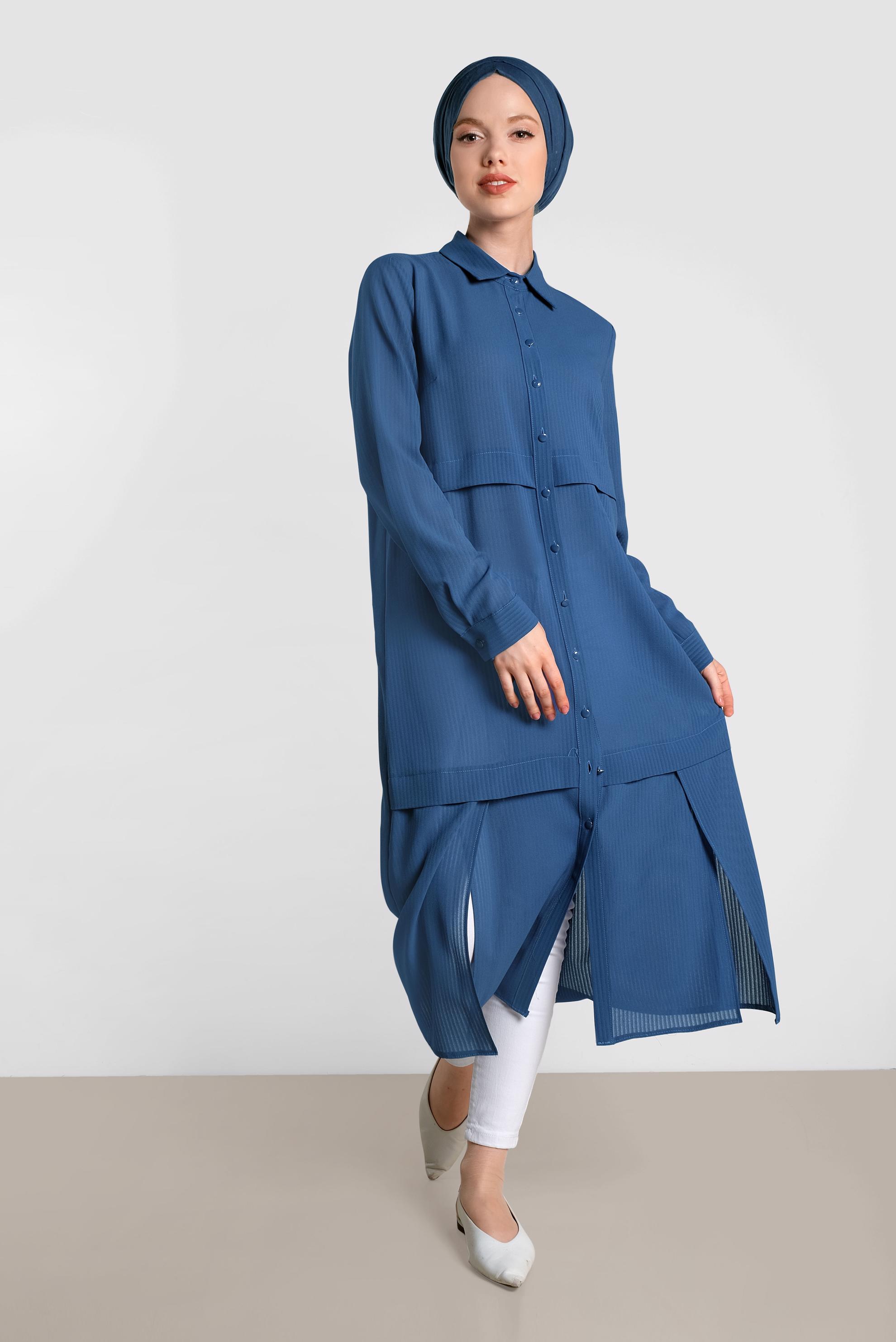 Tesettür giyim LACİVERT BOYDAN DÜĞMELİ ŞİFON TUNİK 4434