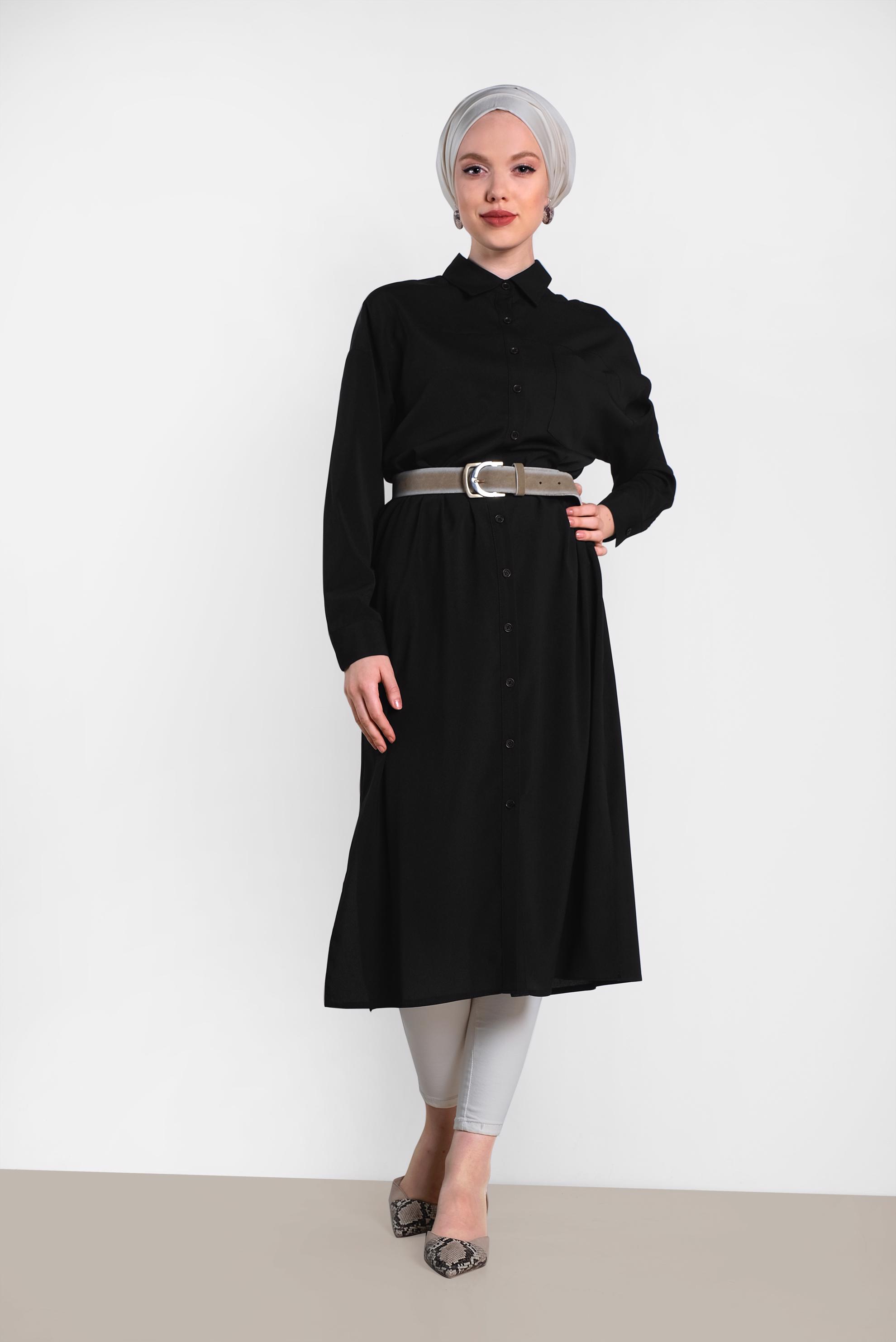 Tesettür giyim SİYAH YANLARI YIRTMAÇLI DÜĞMELİ TUNİK 4435