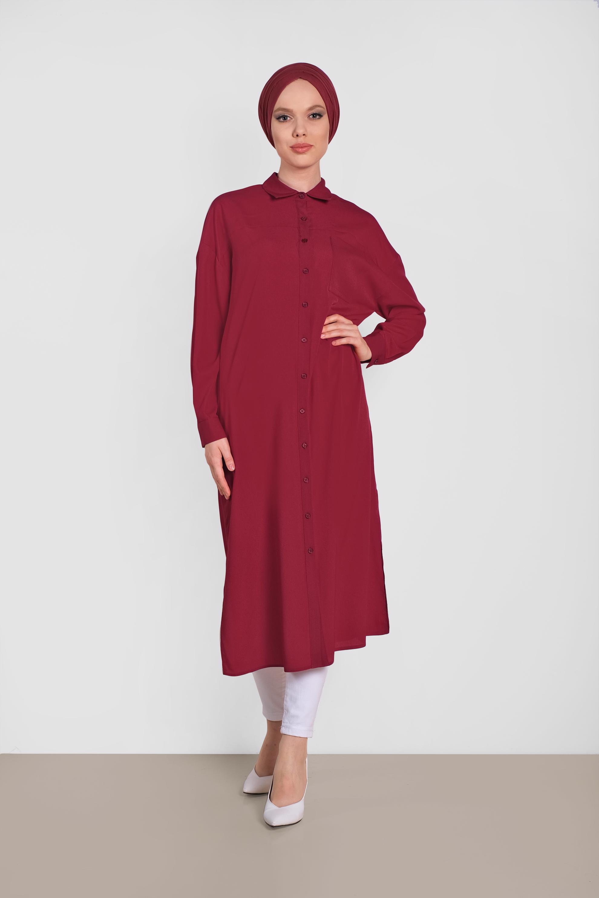 Tesettür giyim BORDO YANLARI YIRTMAÇLI DÜĞMELİ TUNİK 4435