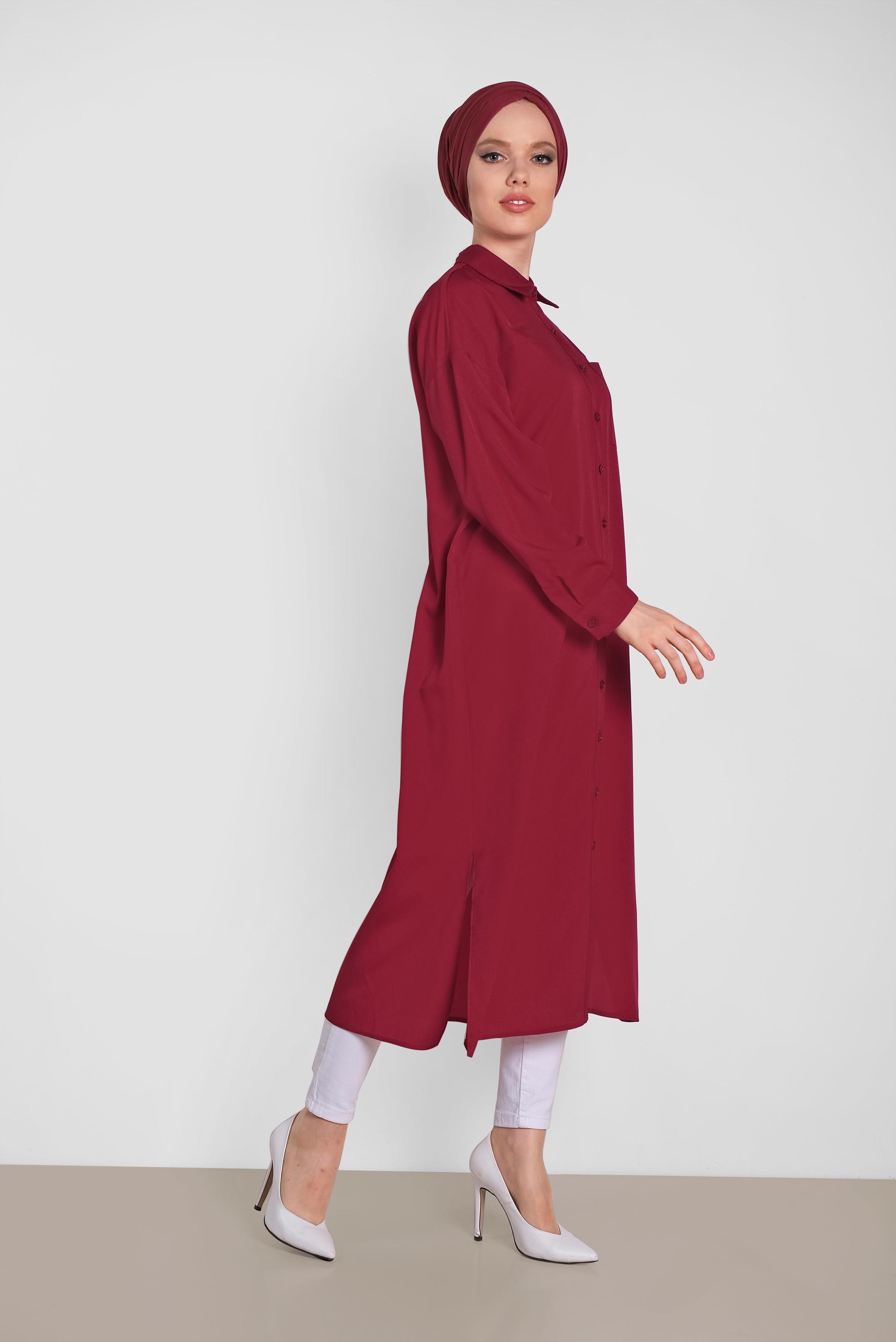 Tesettür giyim BORDO YANLARI YIRTMAÇLI DÜĞMELİ TUNİK 4435