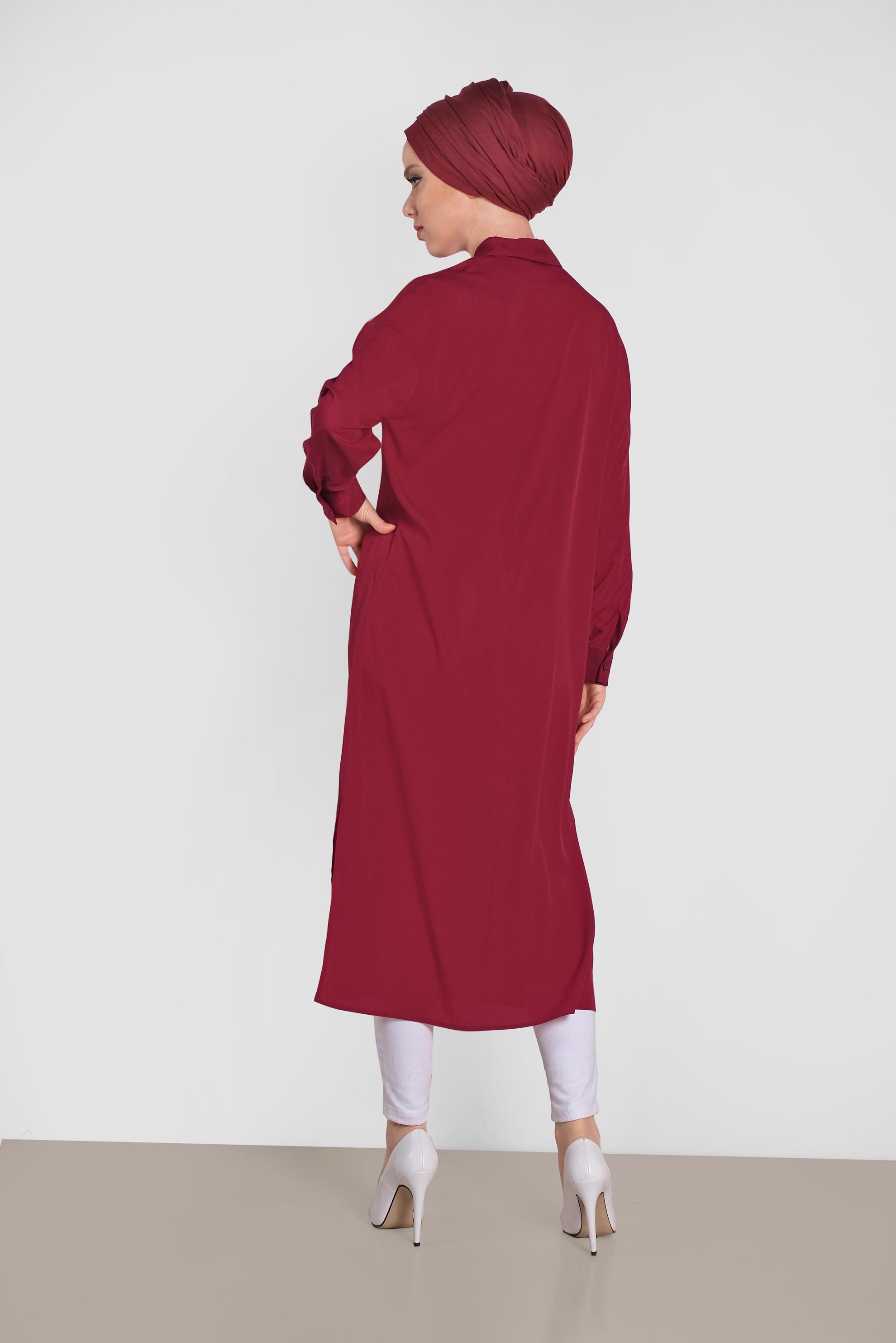 Tesettür giyim BORDO YANLARI YIRTMAÇLI DÜĞMELİ TUNİK 4435