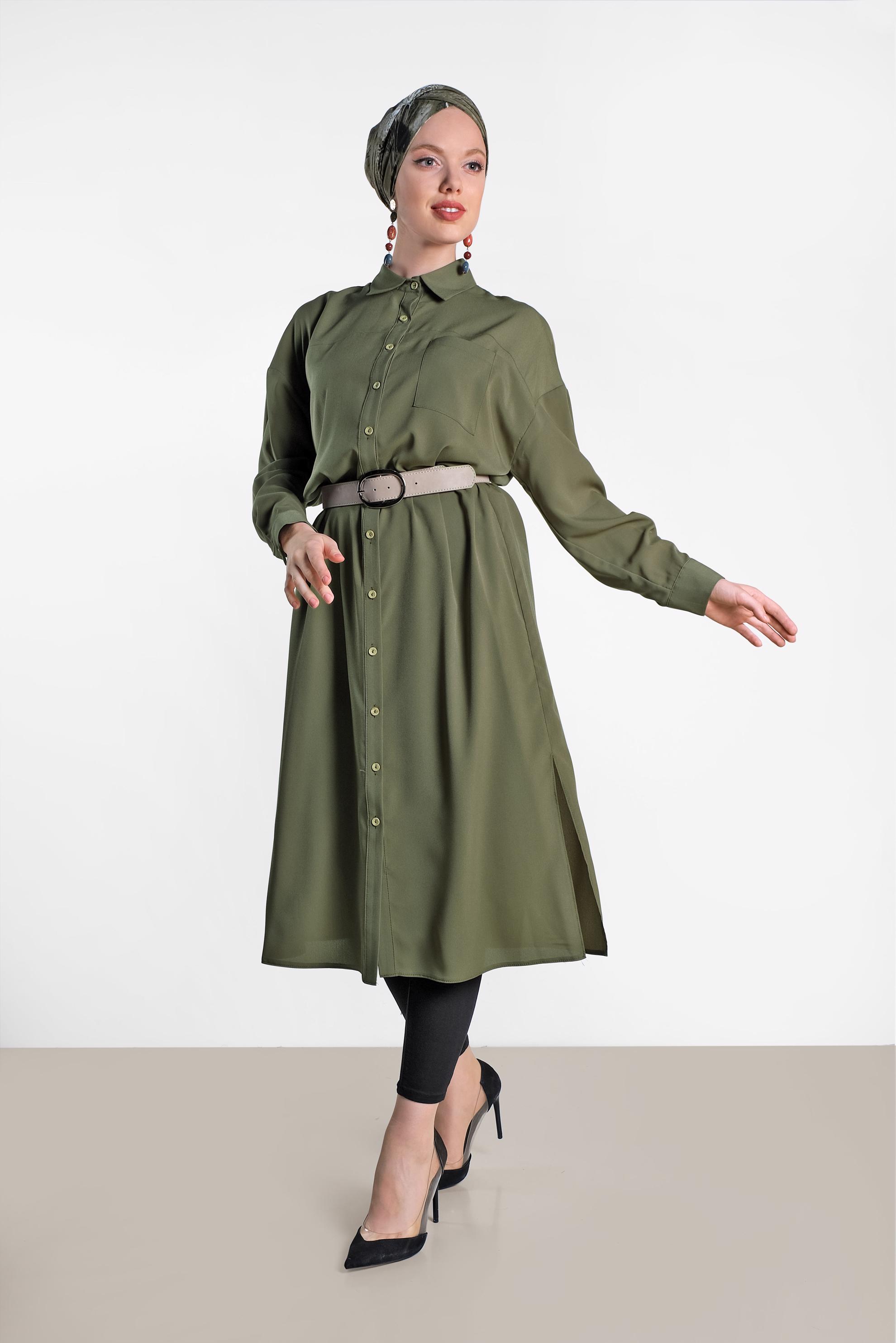 Tesettür giyim HAKİ YANLARI YIRTMAÇLI DÜĞMELİ TUNİK 4435