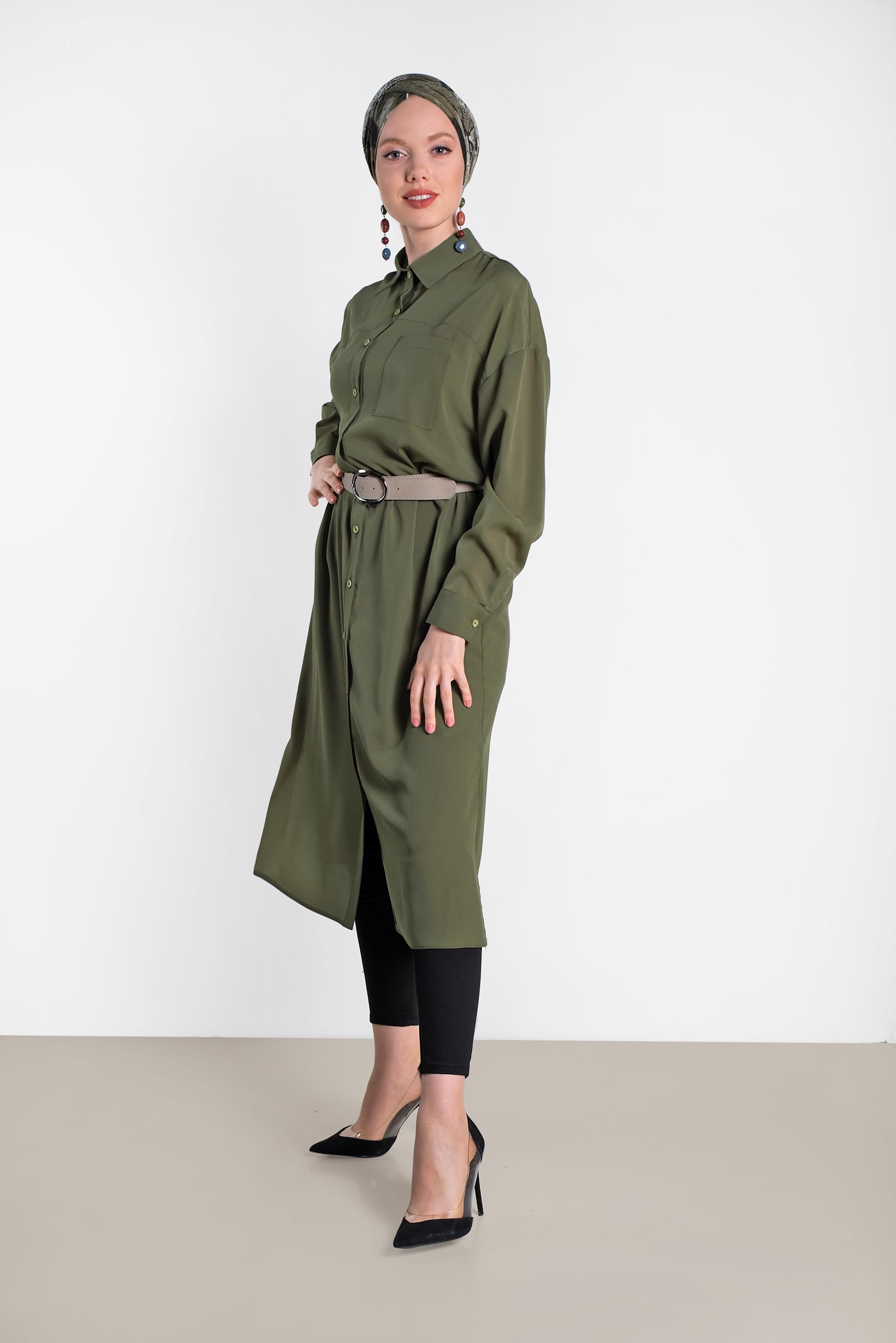 Tesettür giyim HAKİ YANLARI YIRTMAÇLI DÜĞMELİ TUNİK 4435