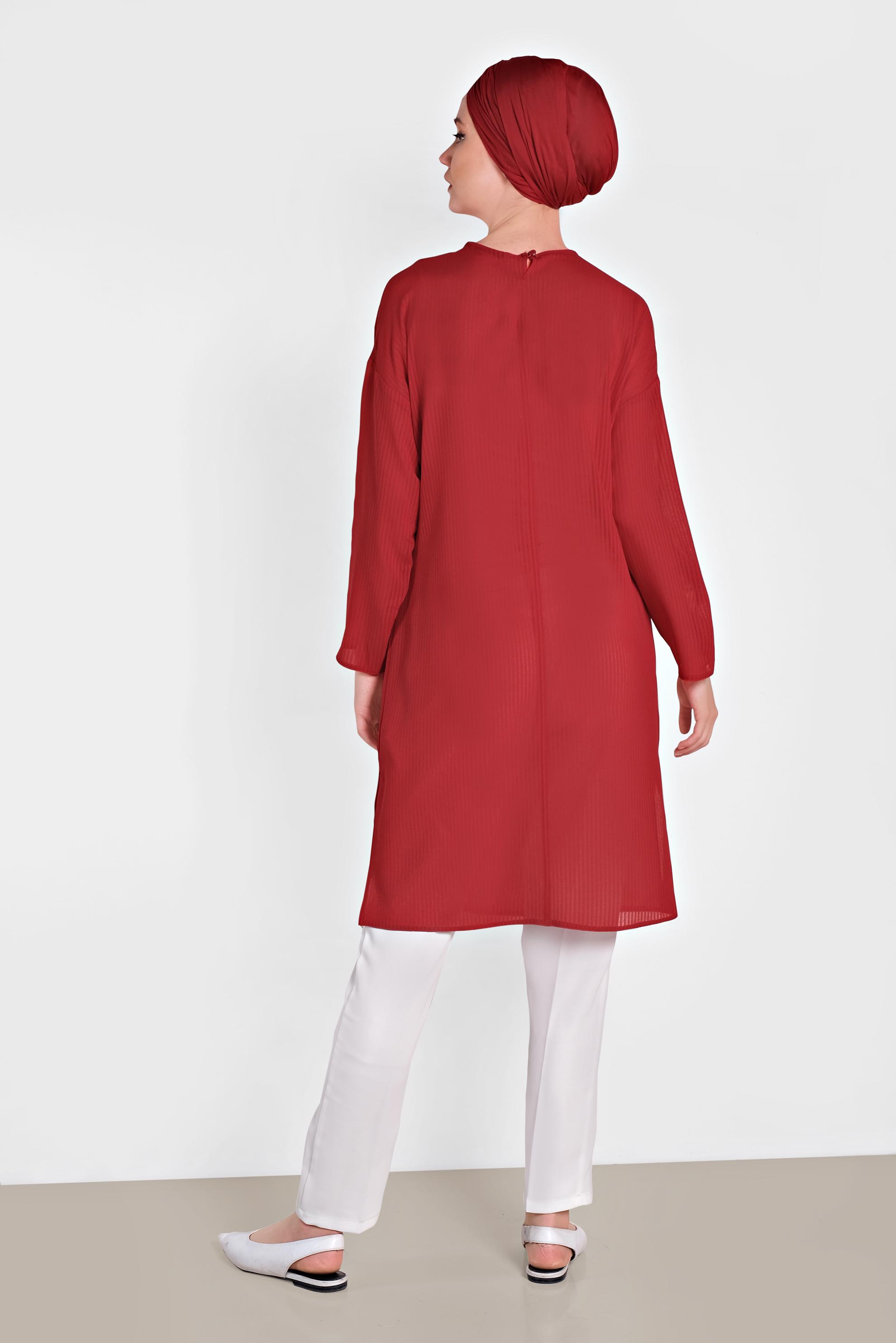 Tesettür giyim KIRMIZI BAĞLAMA DETAYLI İNCE YAZLIK TUNİK 4436