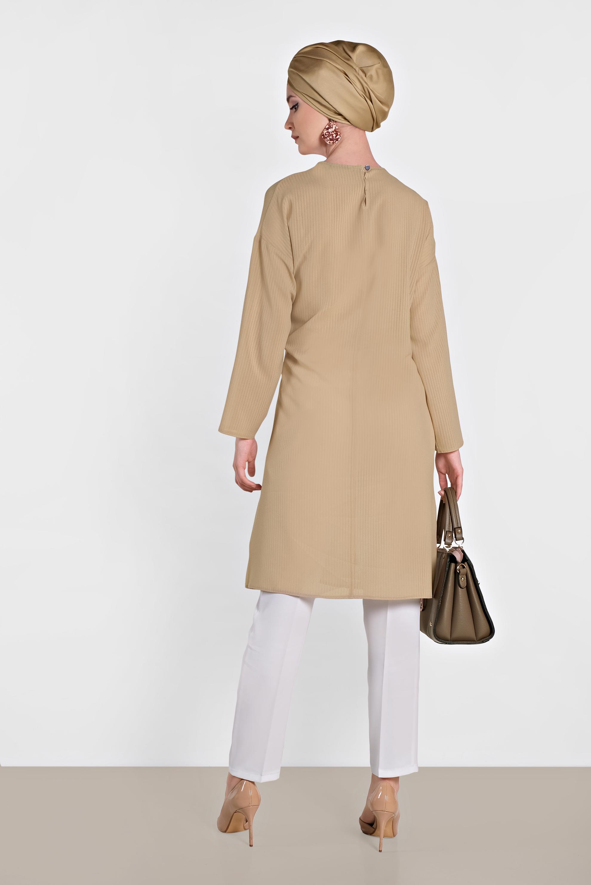 Tesettür giyim BEJ BAĞLAMA DETAYLI İNCE YAZLIK TUNİK 4436