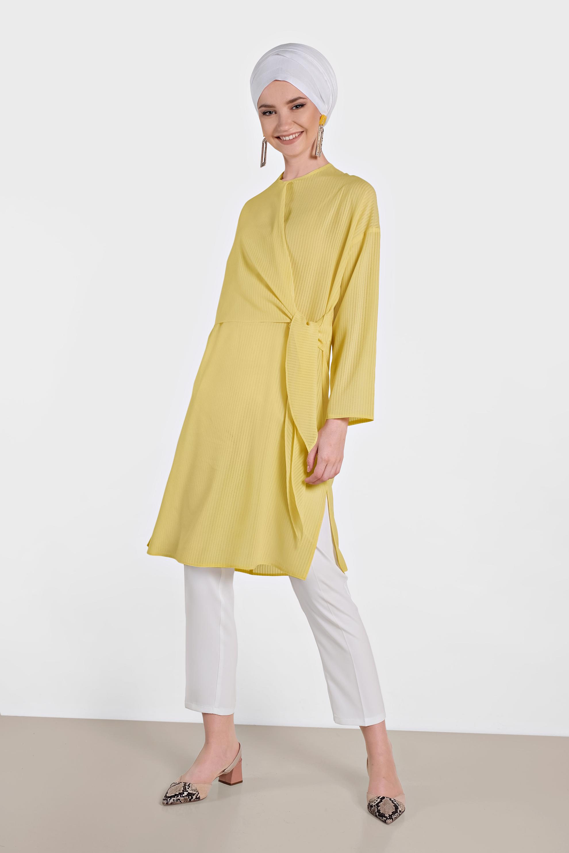 Tesettür giyim SARI BAĞLAMA DETAYLI İNCE YAZLIK TUNİK 4436