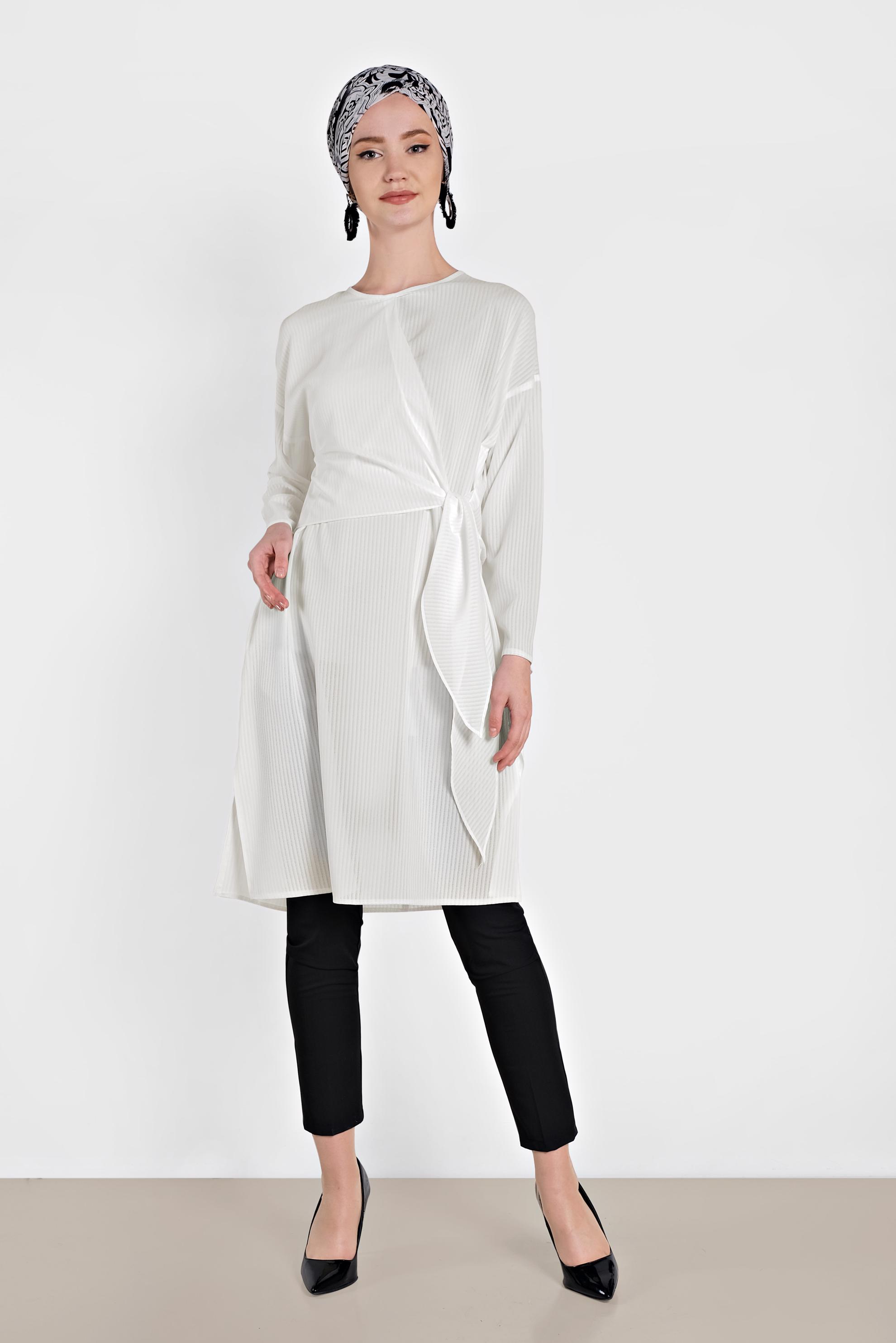 Tesettür giyim EKRU BAĞLAMA DETAYLI İNCE YAZLIK TUNİK 4436