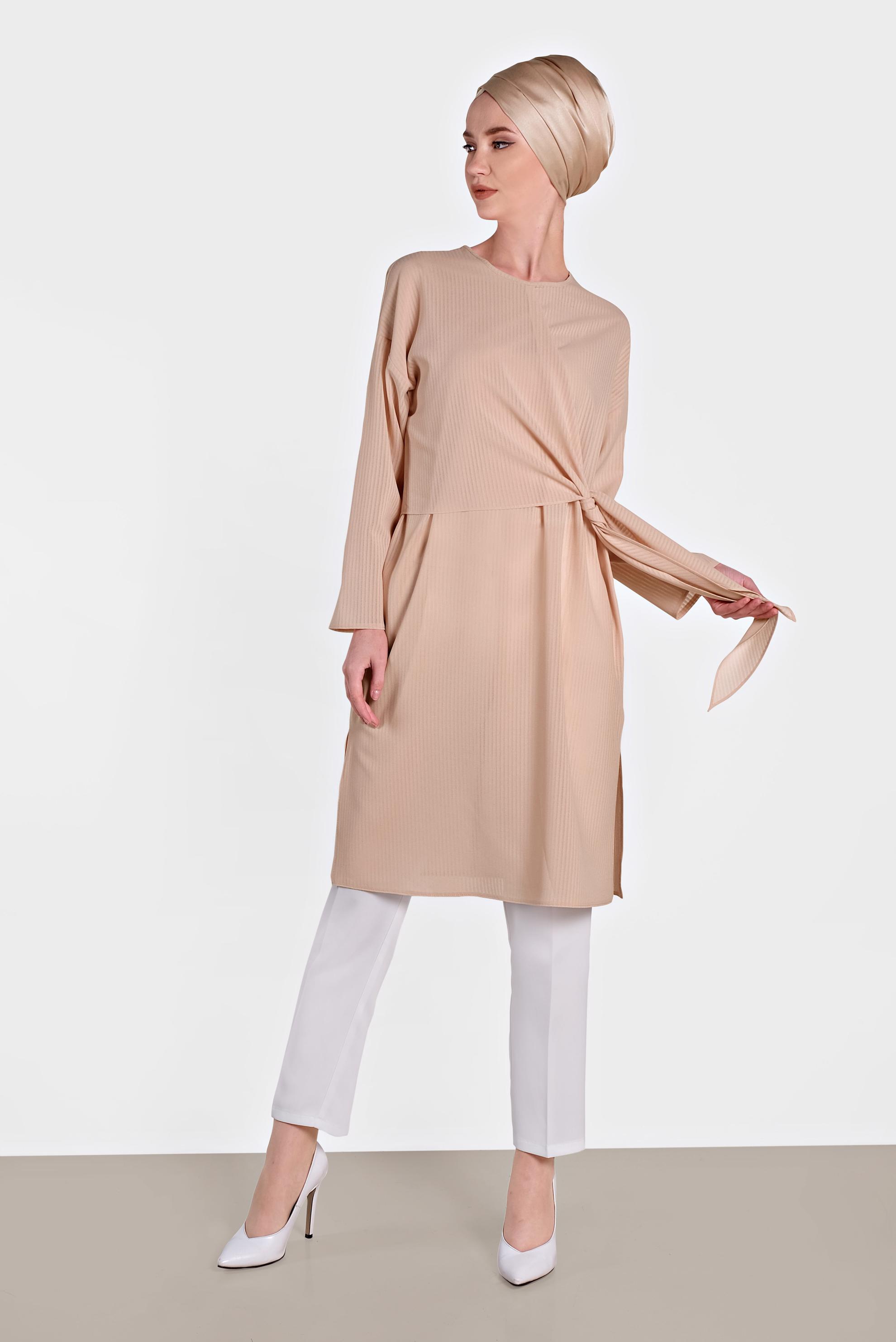 Tesettür giyim PUDRA BAĞLAMA DETAYLI İNCE YAZLIK TUNİK 4436