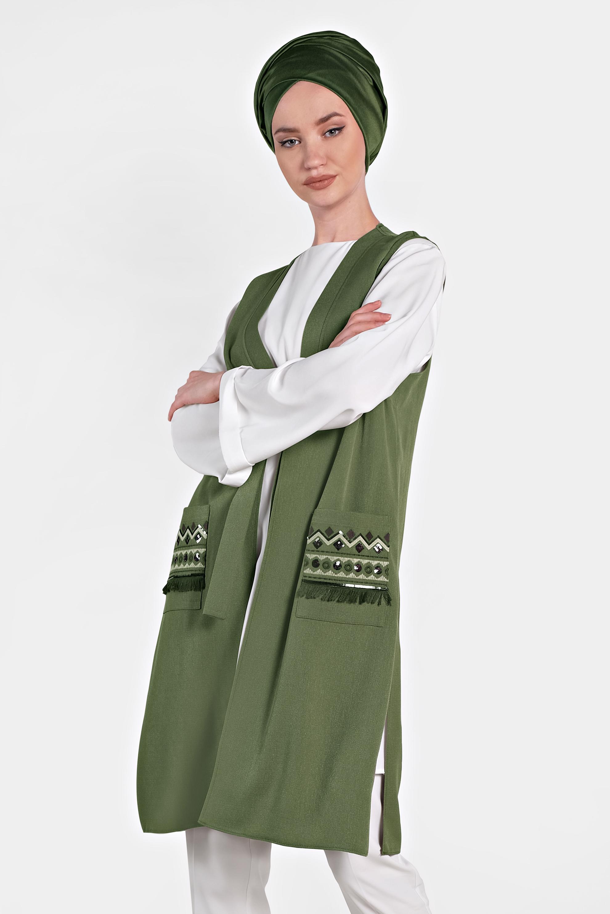 Tesettür giyim HAKİ İŞLEMELİ İKİLİ TUNİK 4437