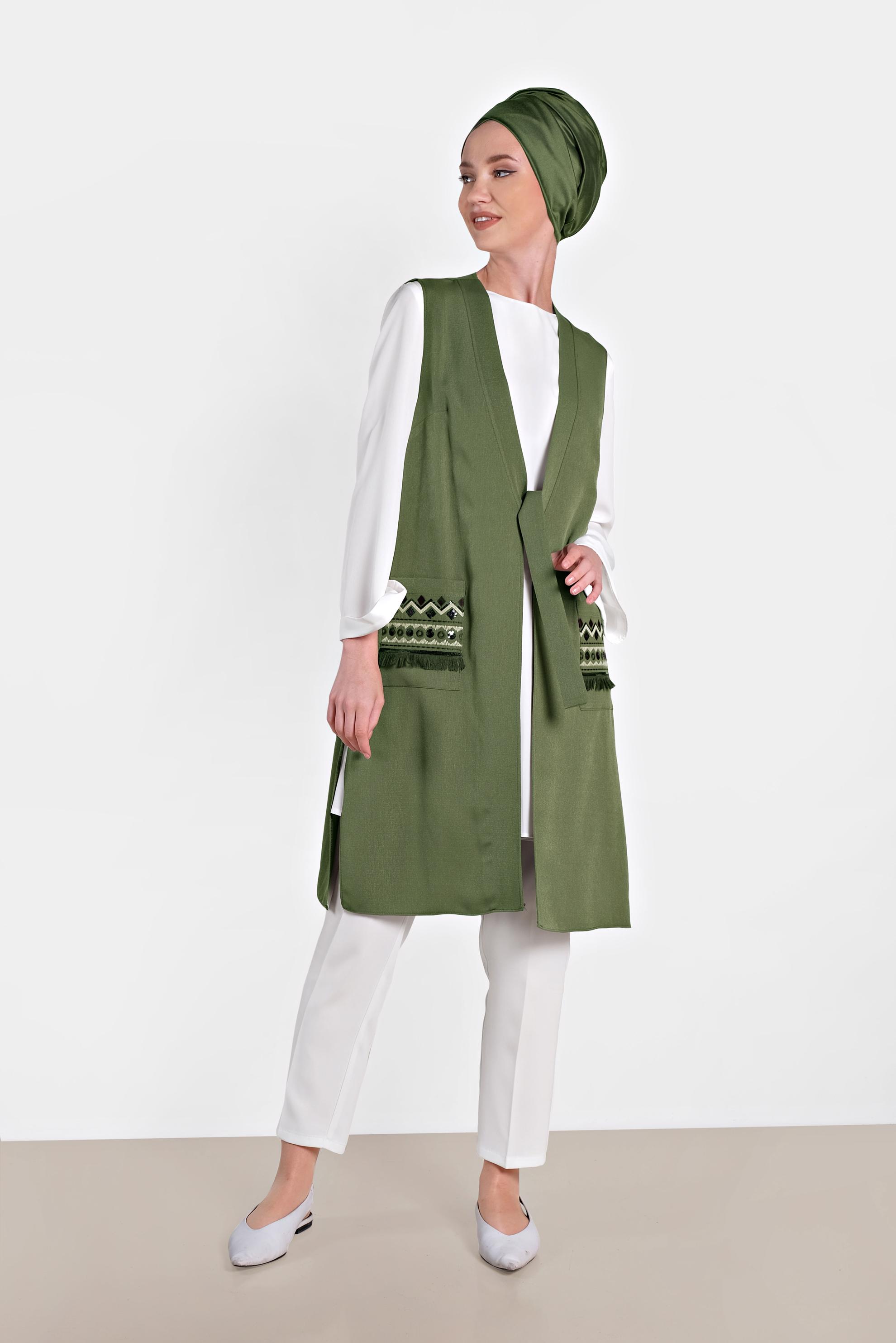 Tesettür giyim HAKİ İŞLEMELİ İKİLİ TUNİK 4437