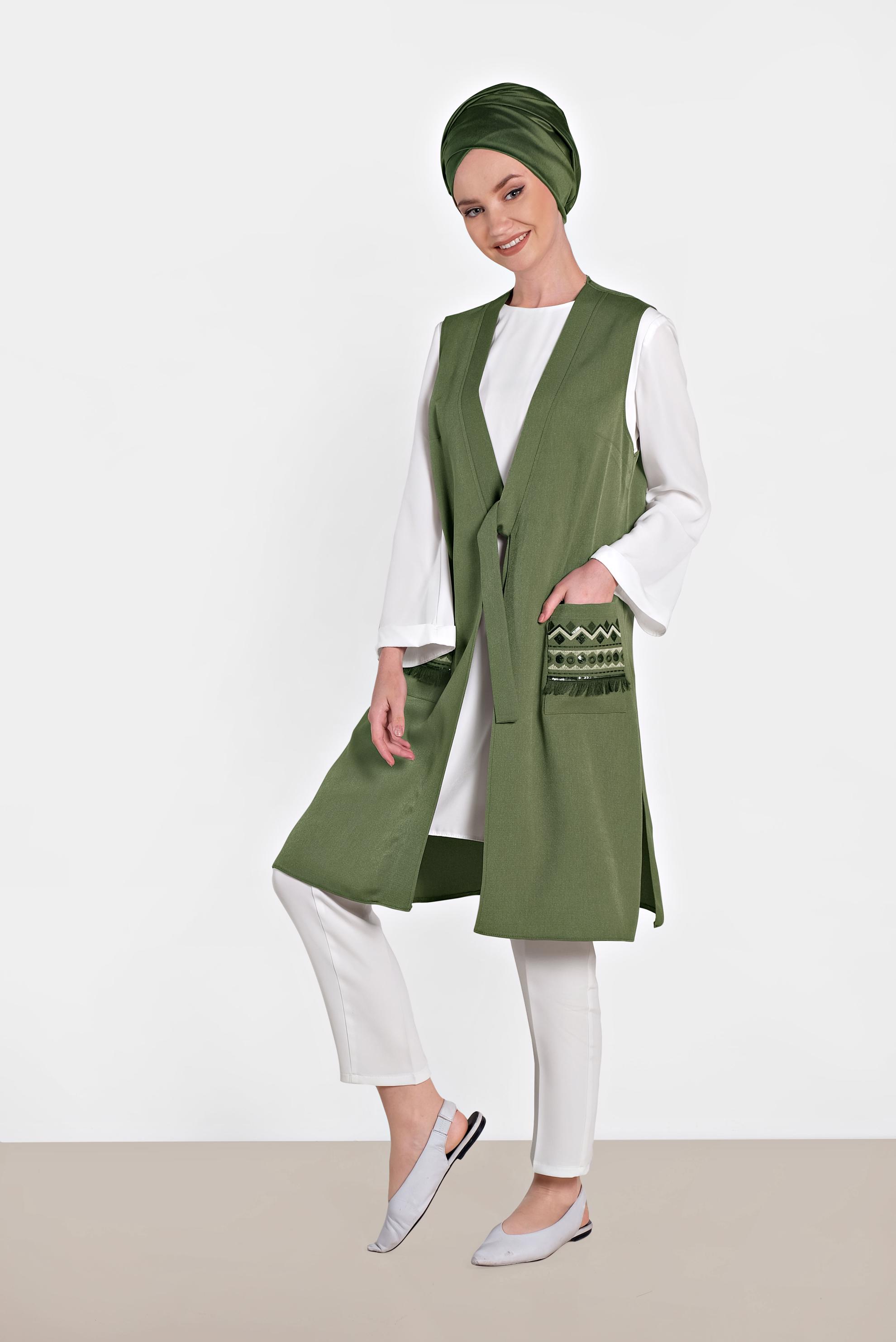 Tesettür giyim HAKİ İŞLEMELİ İKİLİ TUNİK 4437