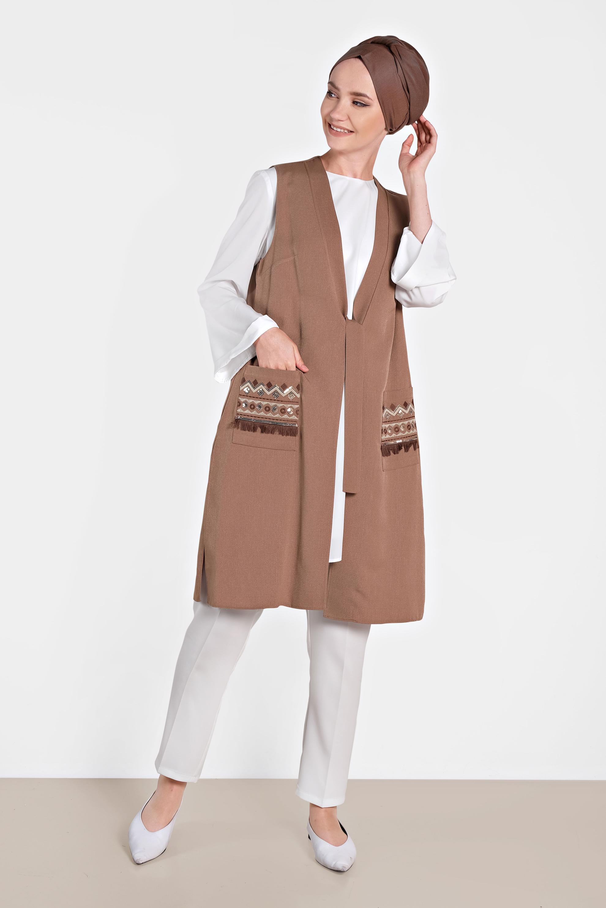 Tesettür giyim TABA İŞLEMELİ İKİLİ TUNİK 4437