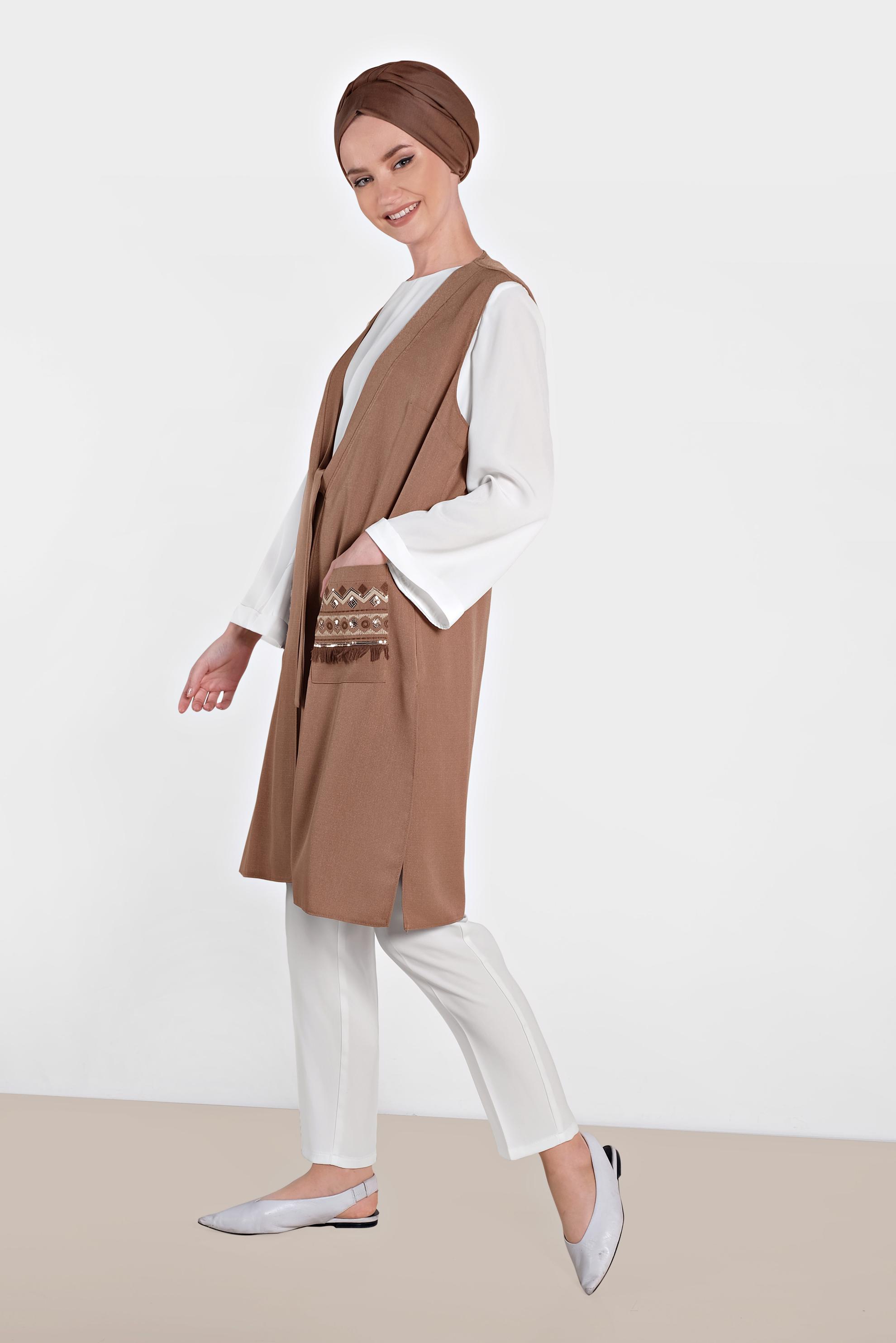 Tesettür giyim TABA İŞLEMELİ İKİLİ TUNİK 4437